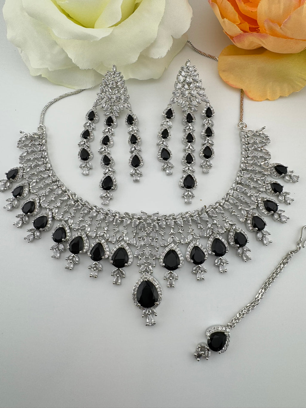 Black Premium Designer Necklace set with Swarovski crystals, Cubic Zirconia, Bridal Wear Necklace
