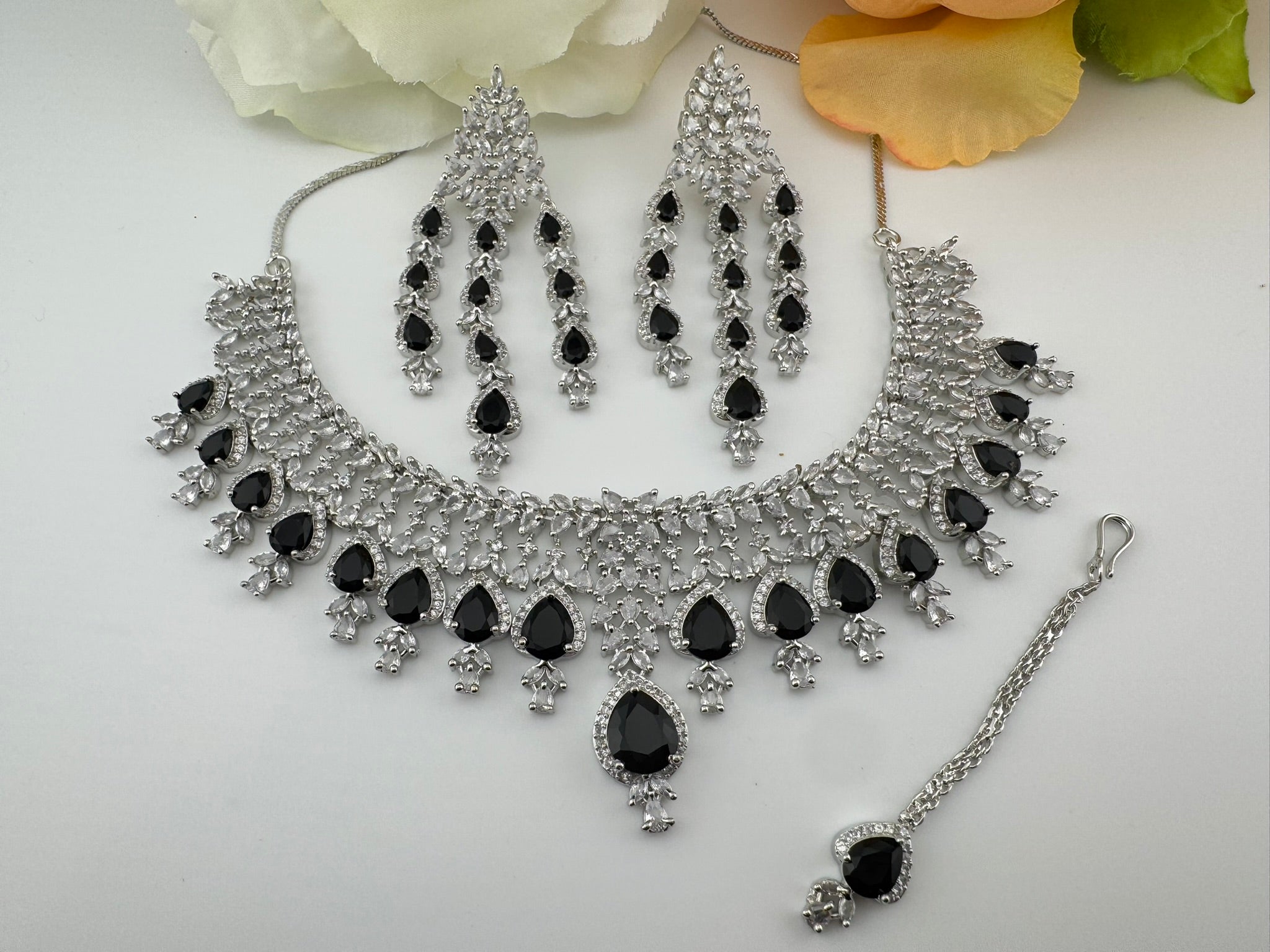 Black Premium Designer Necklace set with Swarovski crystals, Cubic Zirconia, Bridal Wear Necklace
