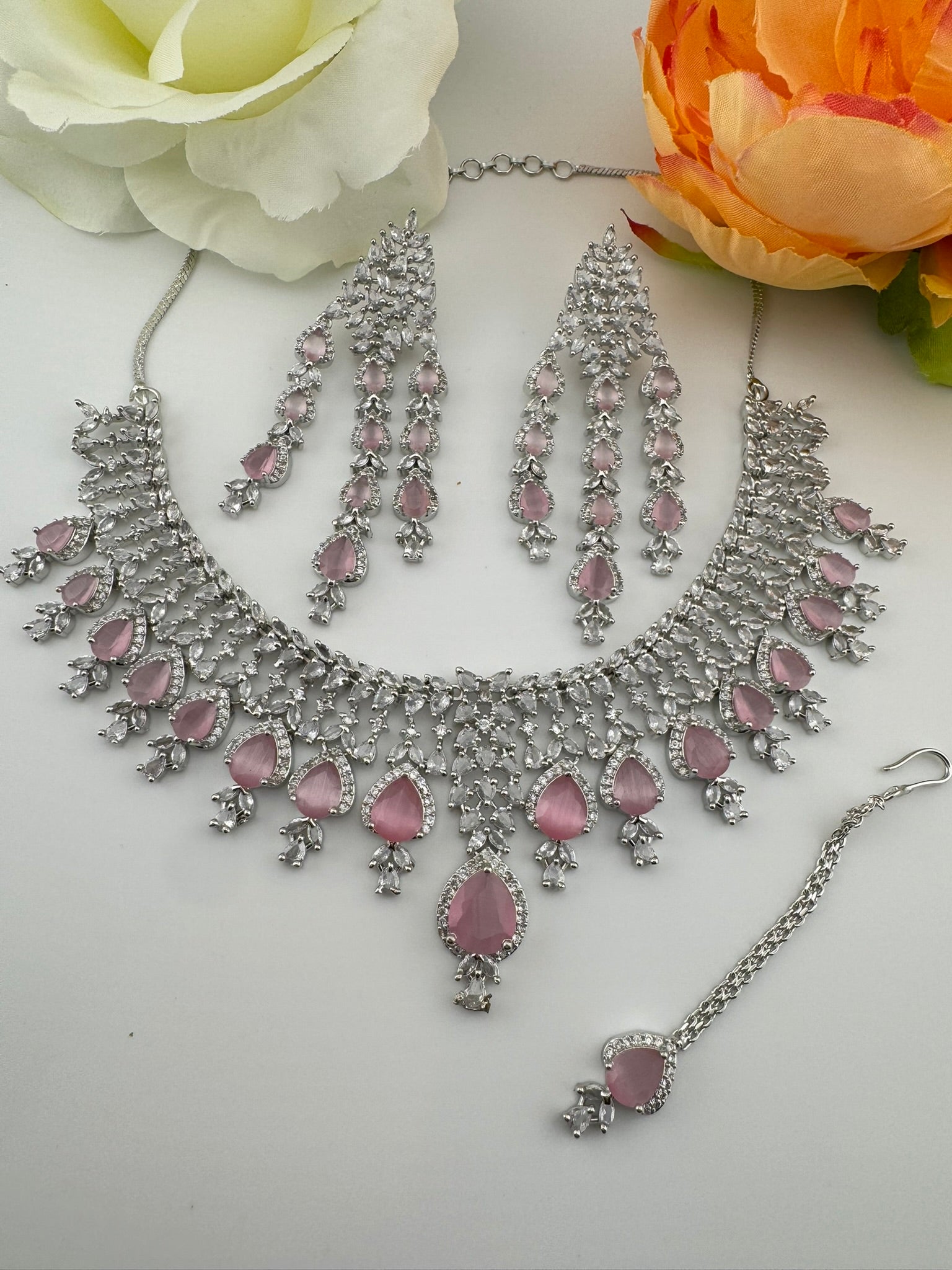 Pink Premium Designer Necklace set with Swarovski crystals, Cubic Zirconia, Bridal Wear Necklace