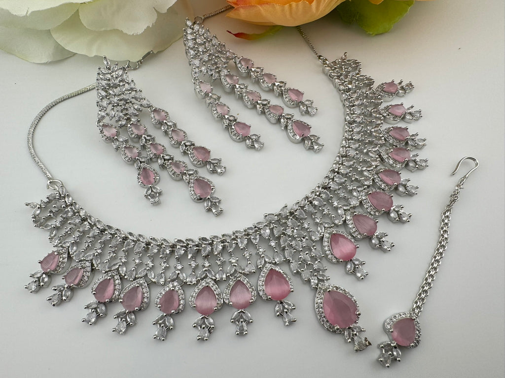 Pink Premium Designer Necklace set with Swarovski crystals, Cubic Zirconia, Bridal Wear Necklace