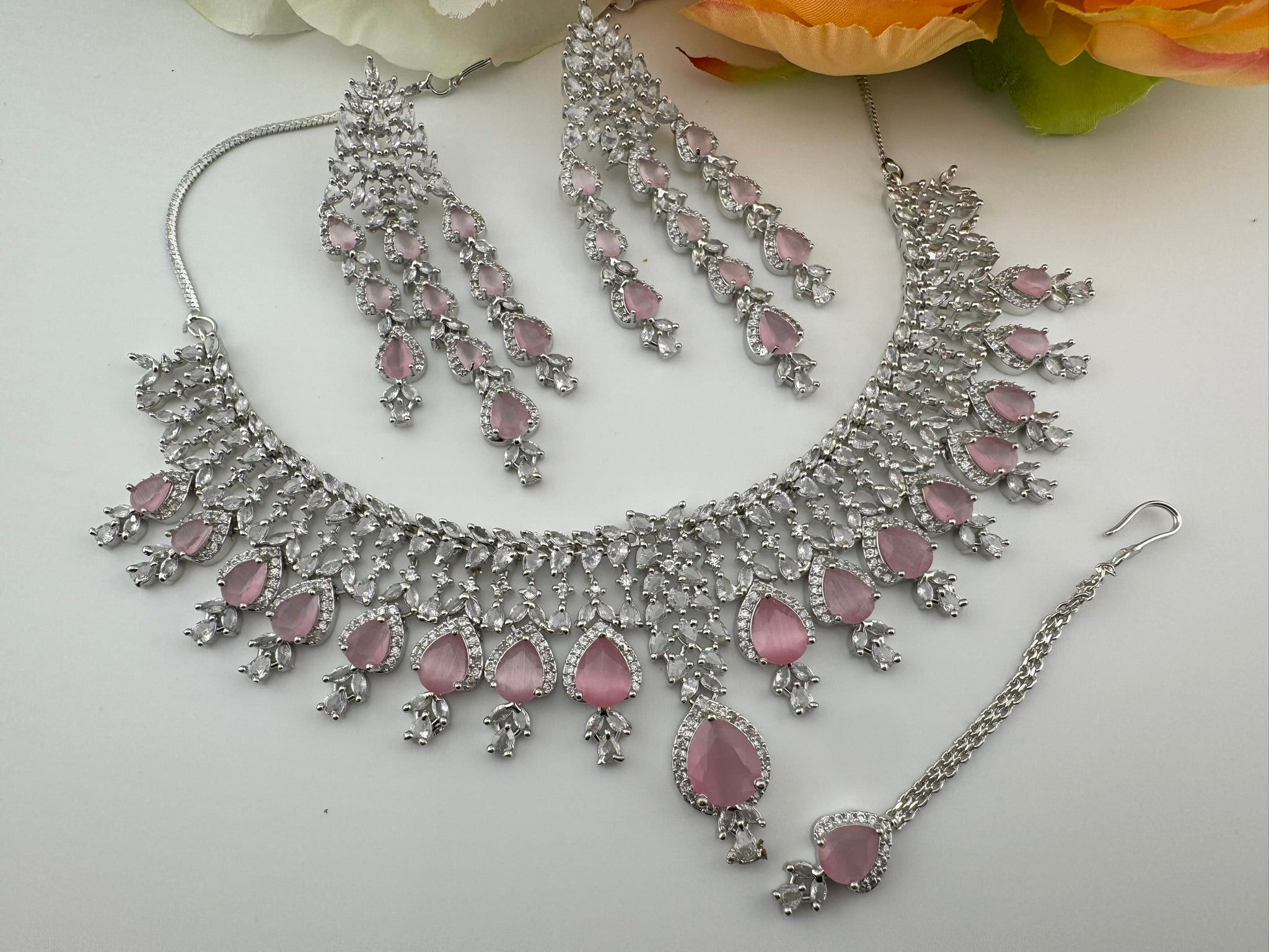 Pink Premium Designer Necklace set with Swarovski crystals, Cubic Zirconia, Bridal Wear Necklace