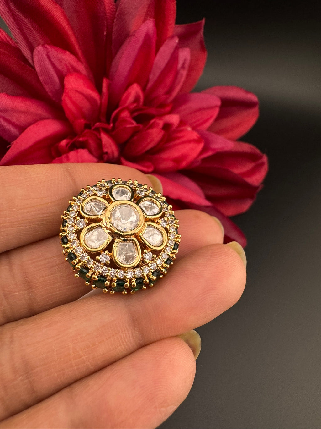 Premium Big Ring Moissanite Kundan is Tyaani inspired Adjustable Finger Ring