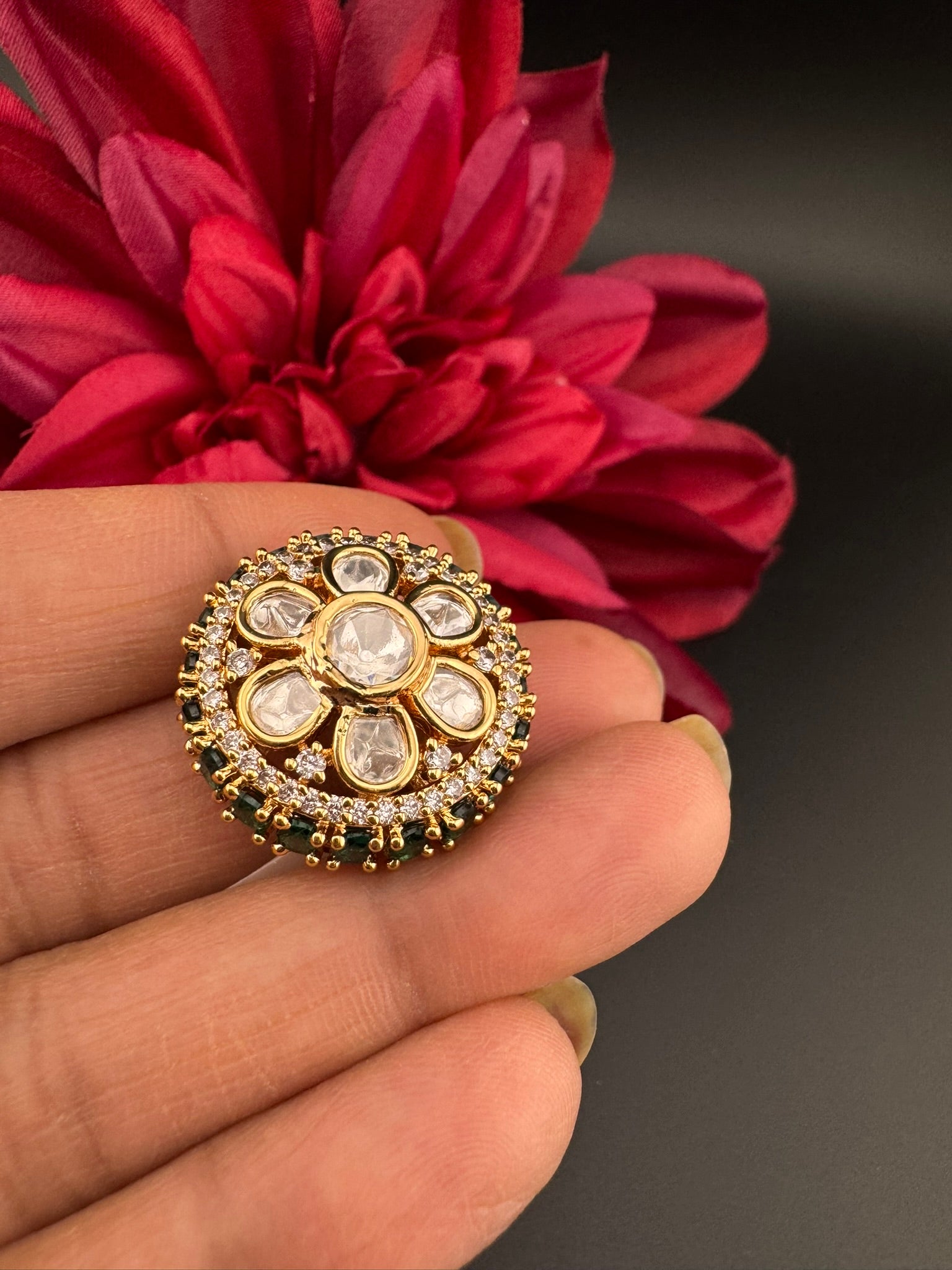 Premium Big Ring Moissanite Kundan is Tyaani inspired Adjustable Finger Ring