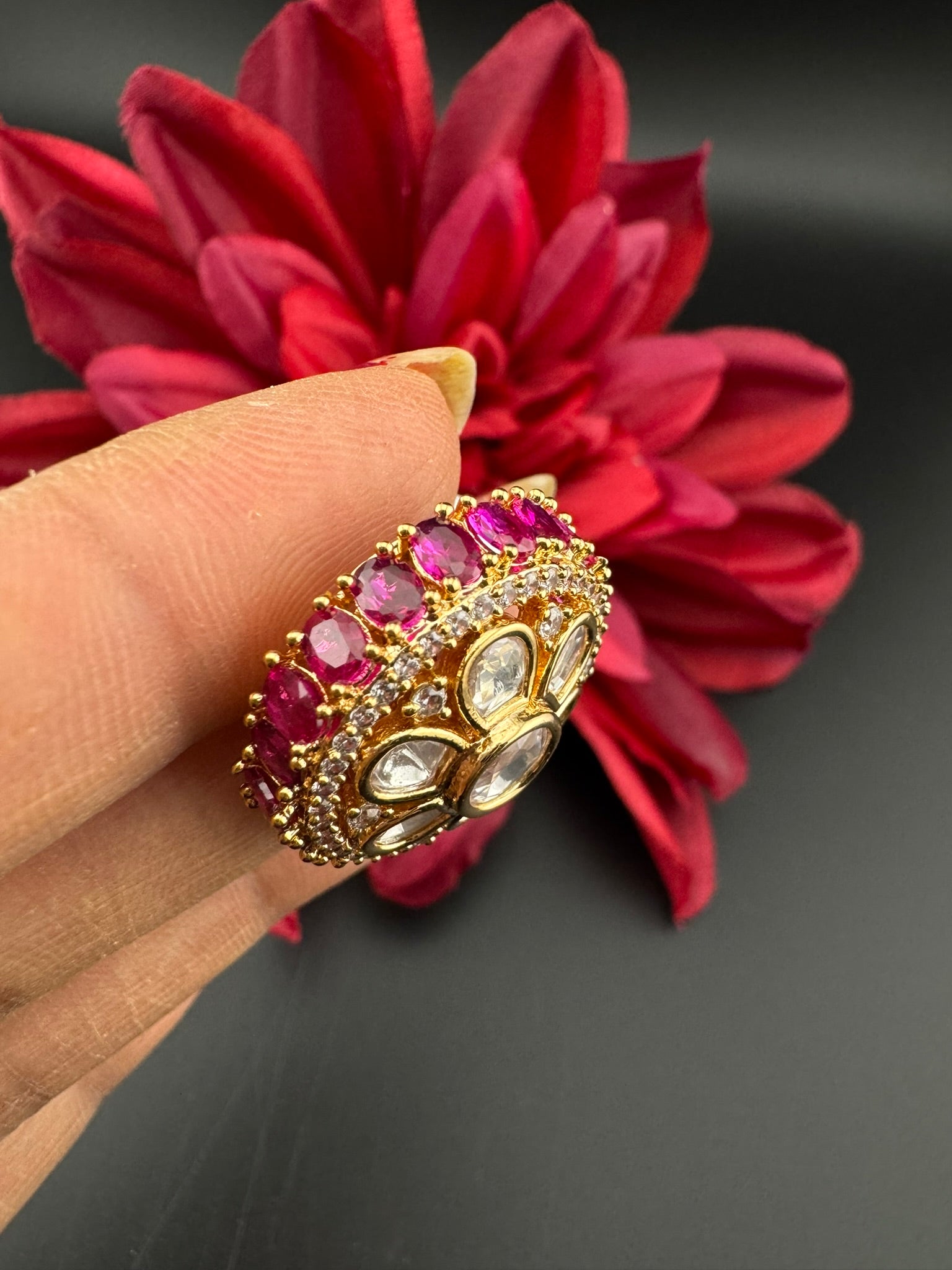 Premium Big Ring Moissanite Kundan is Tyaani inspired Adjustable Finger Ring