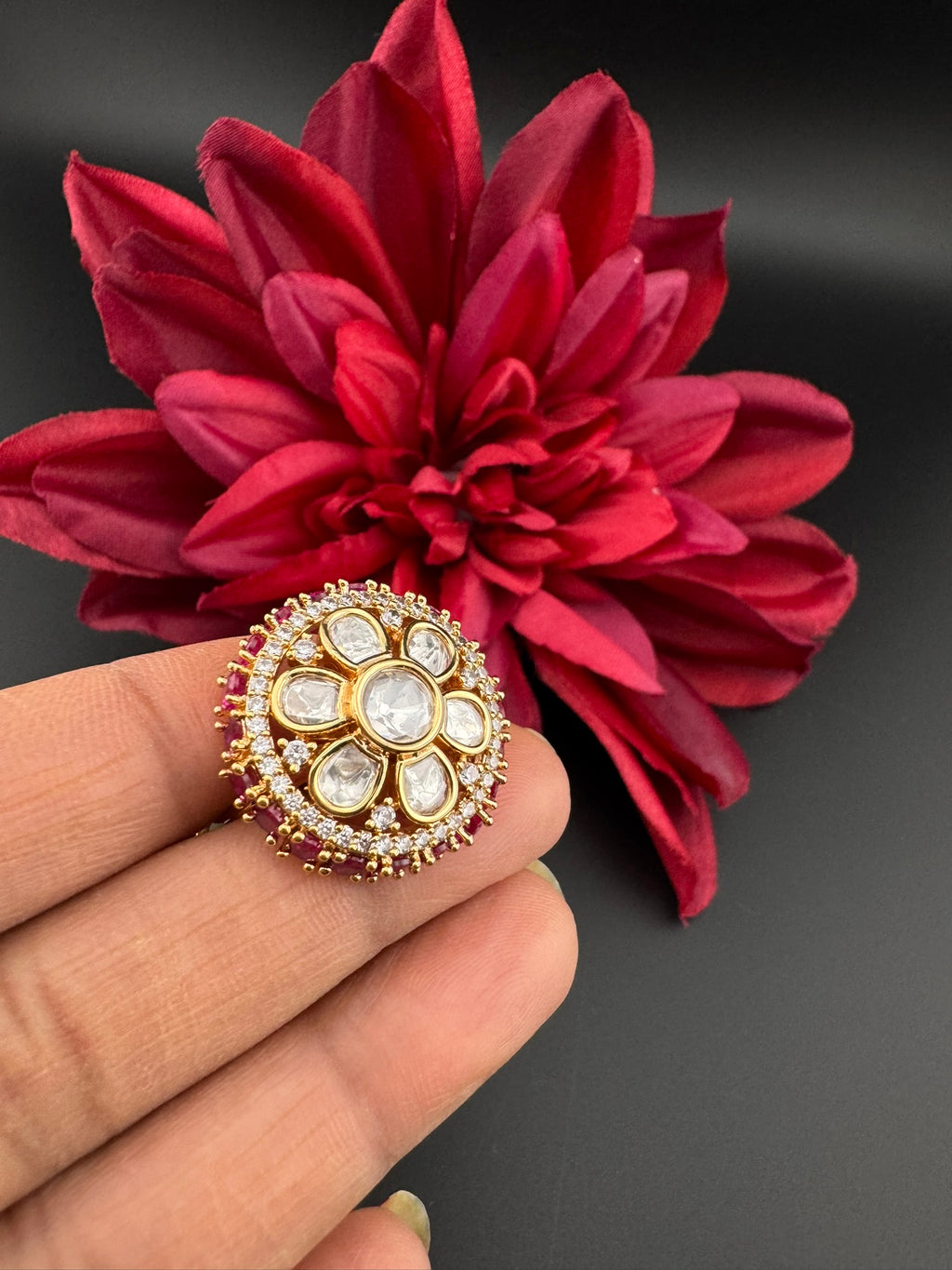 Premium Big Ring Moissanite Kundan is Tyaani inspired Adjustable Finger Ring