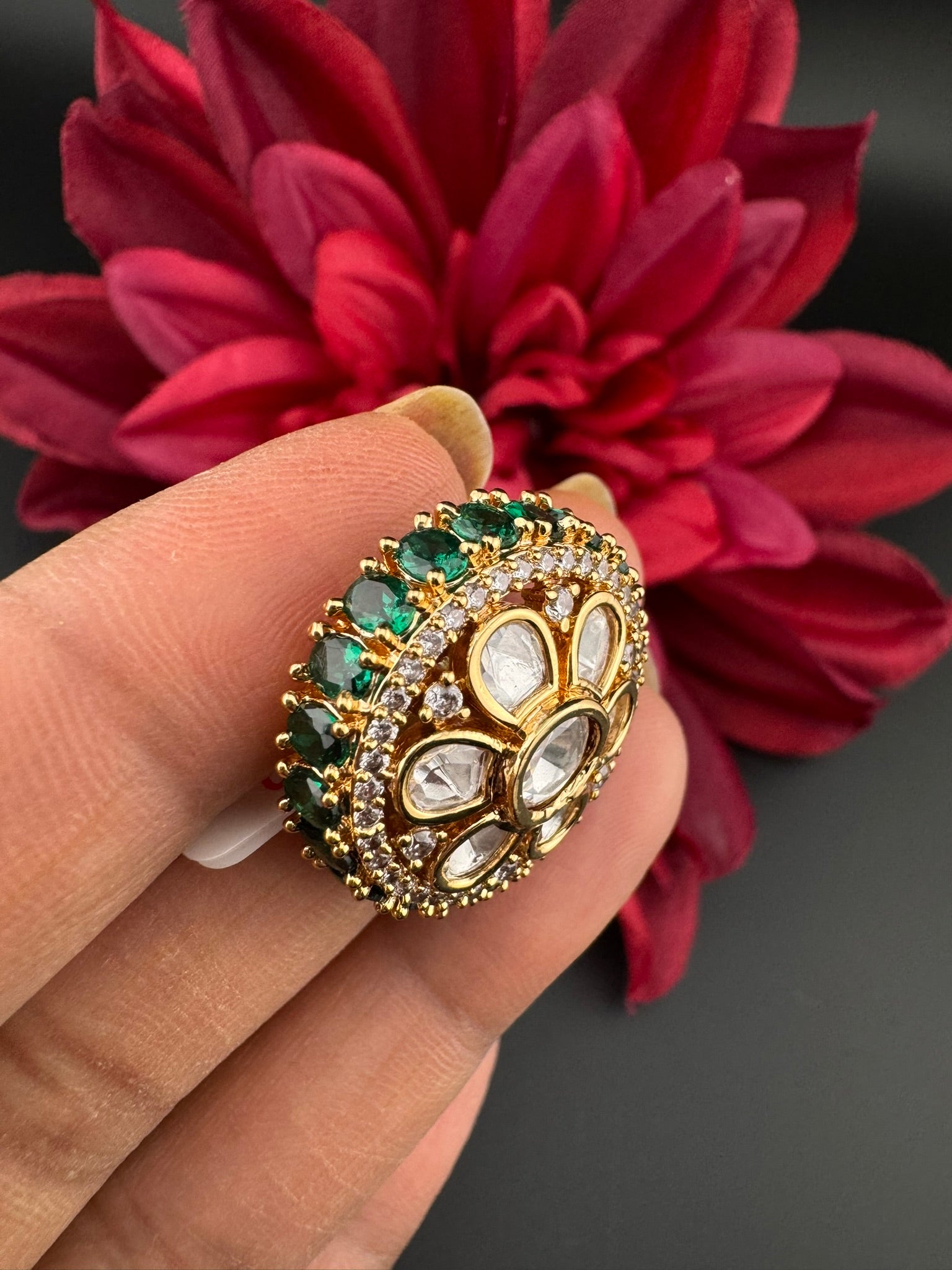 Premium Big Ring Moissanite Kundan is Tyaani inspired Adjustable Finger Ring
