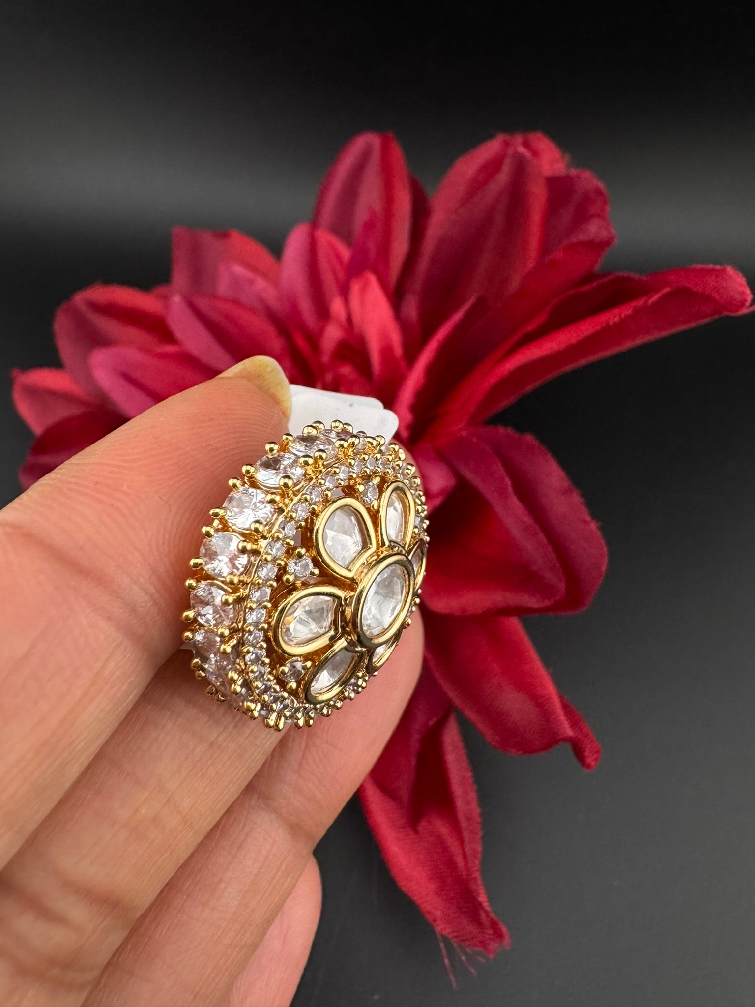 Premium Big Ring Moissanite Kundan is Tyaani inspired Adjustable Finger Ring