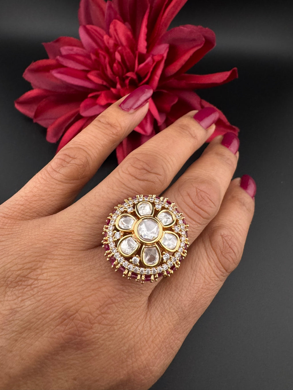 Premium Big Ring Moissanite Kundan is Tyaani inspired Adjustable Finger Ring