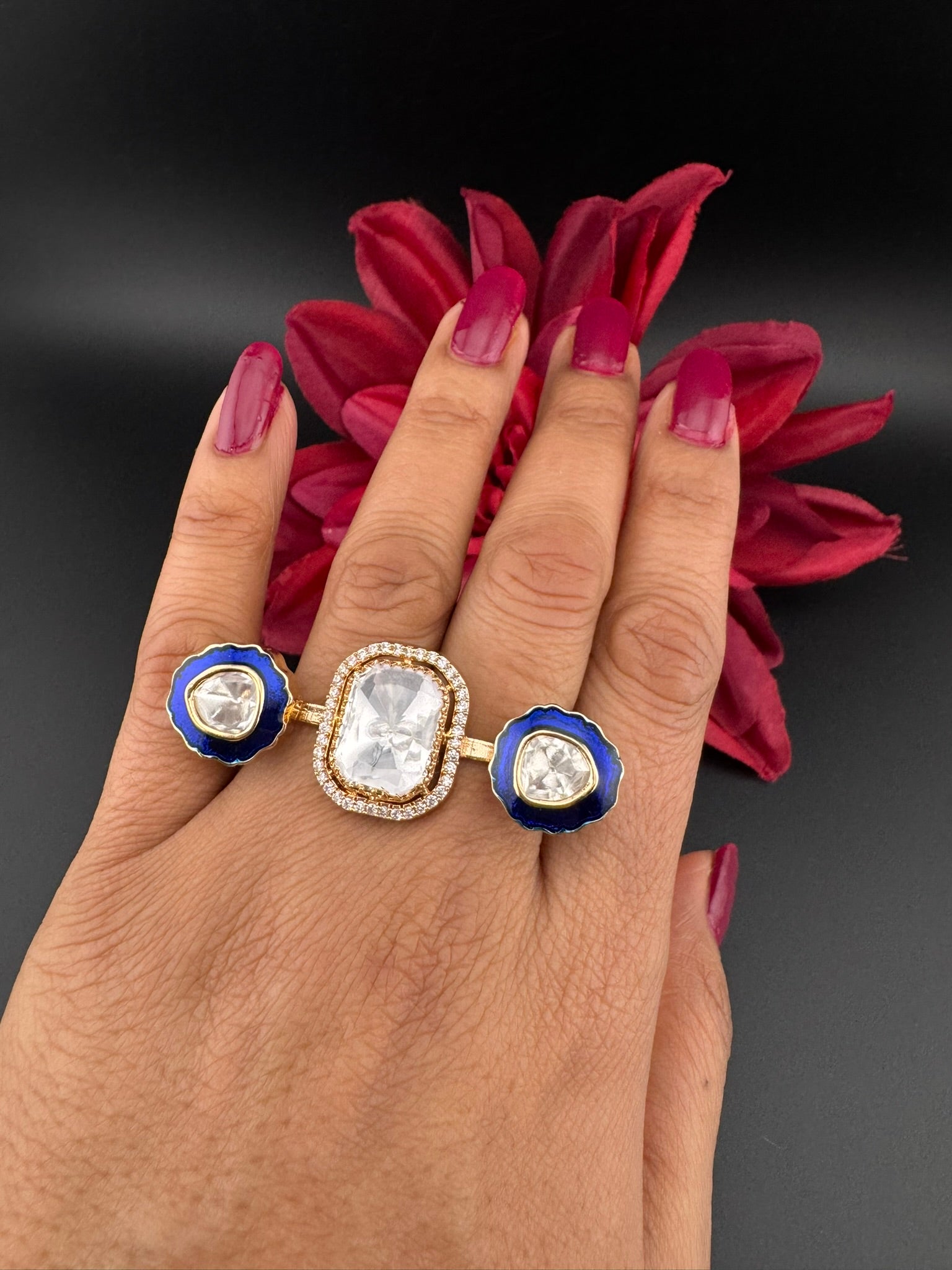 Premium 2 Finger Ring in kundan, Italian Mina(Enamel) Adjustable Finger Ring