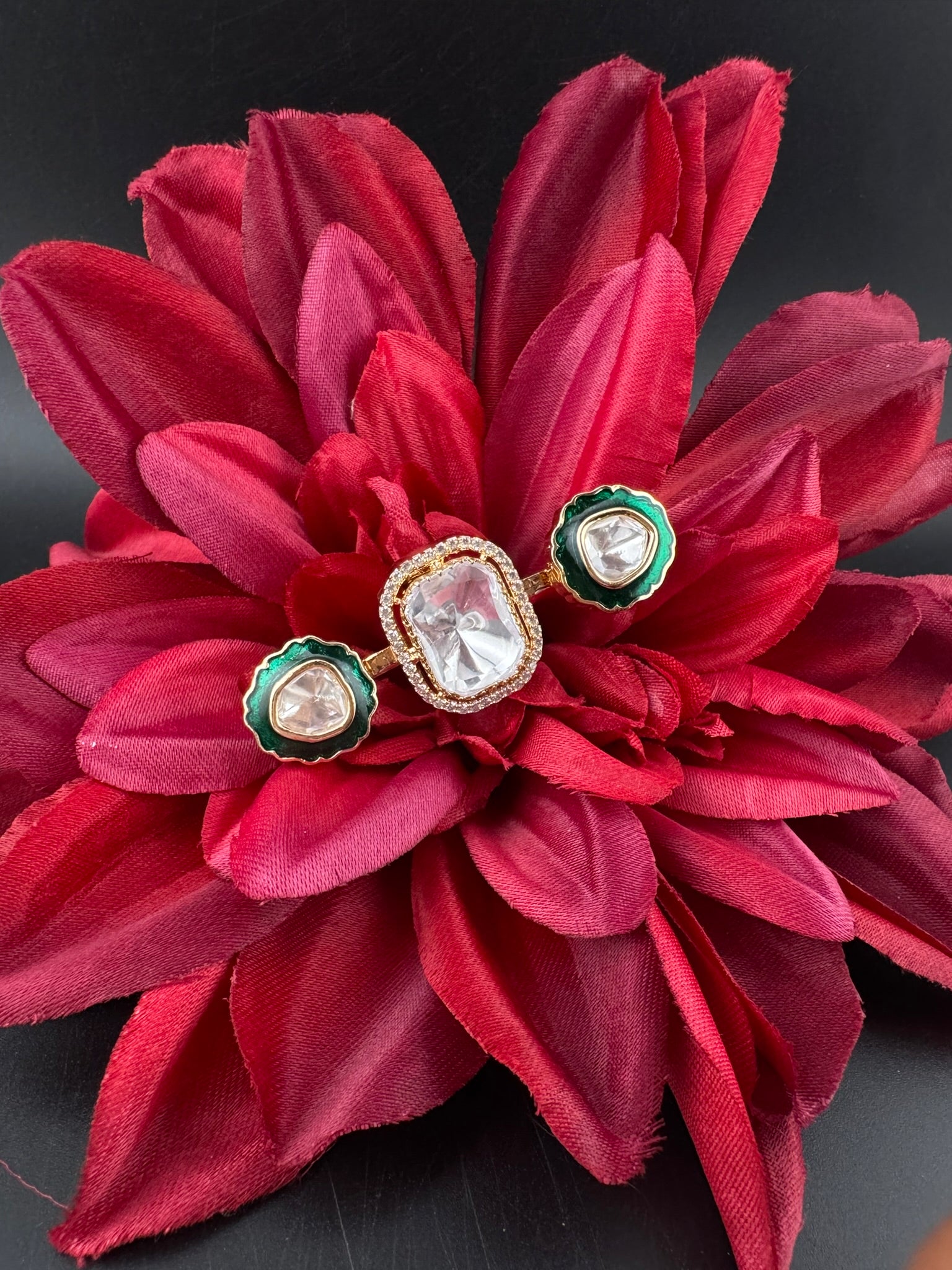 Premium 2 Finger Ring in kundan, Italian Mina(Enamel) Adjustable Finger Ring