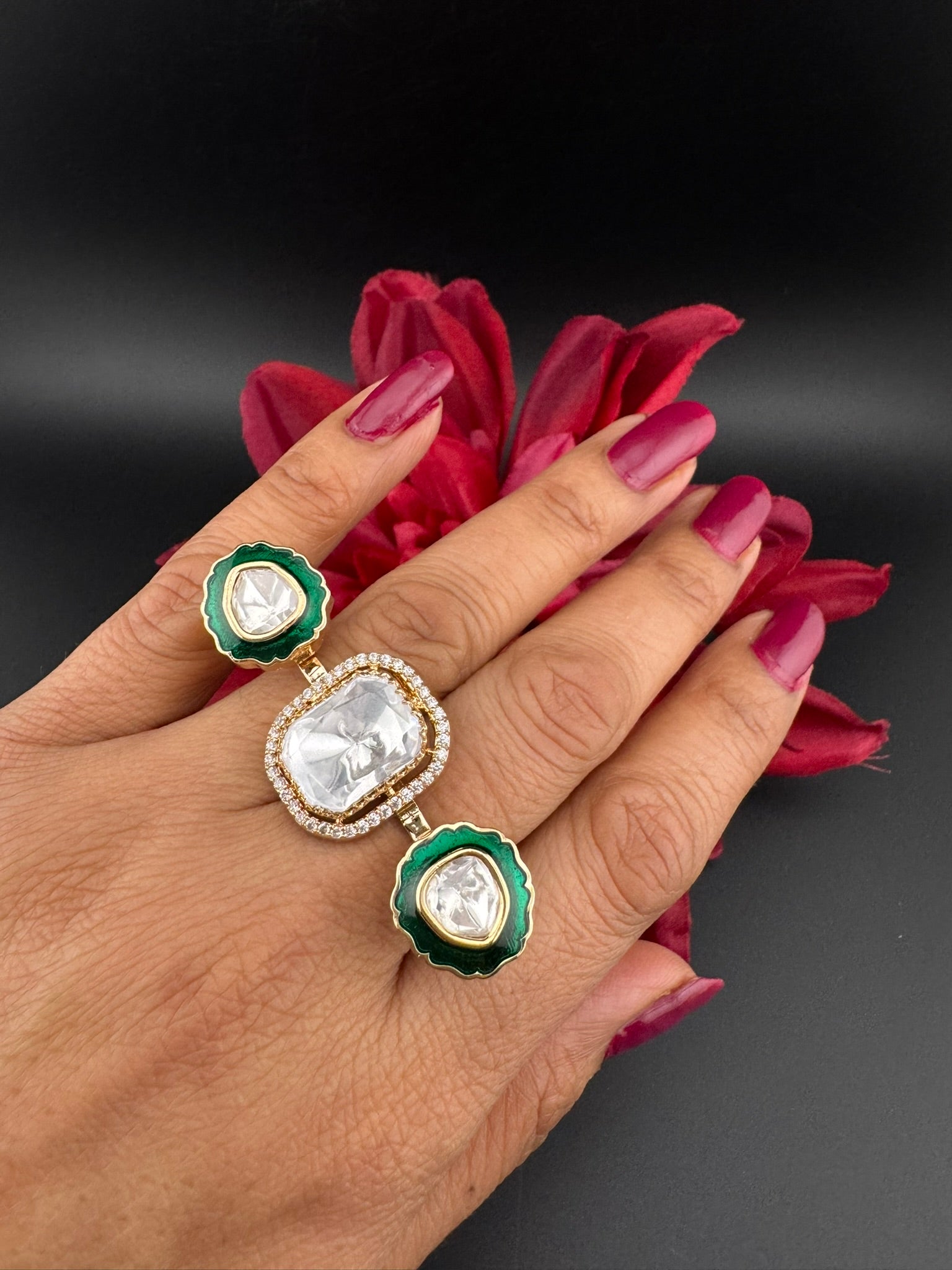 Premium 2 Finger Ring in kundan, Italian Mina(Enamel) Adjustable Finger Ring