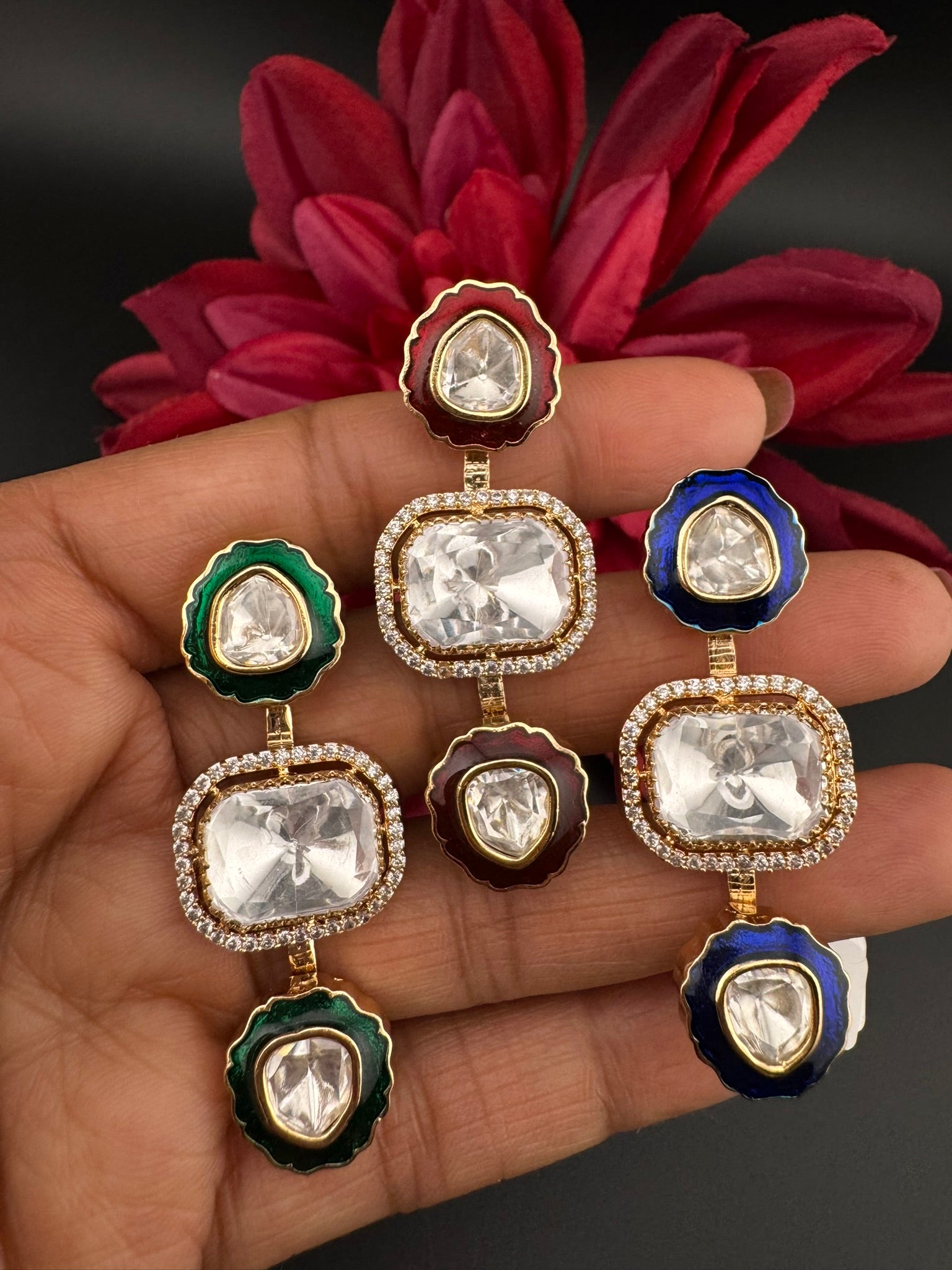 Premium 2 Finger Ring in kundan, Italian Mina(Enamel) Adjustable Finger Ring