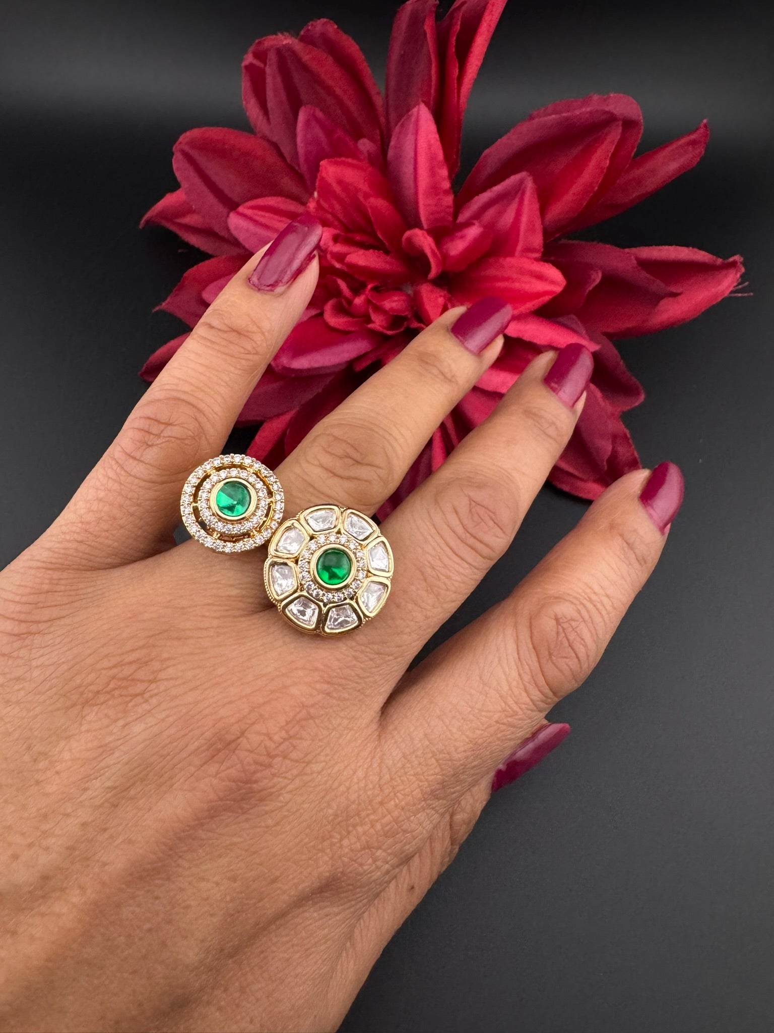 Premium 2 Finger Ring in Moissanite kundan and CZ Adjustable Finger Ring, One size fits all