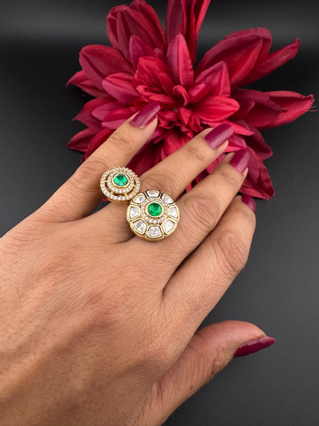 Premium 2 Finger Ring in Moissanite kundan and CZ Adjustable Finger Ring, One size fits all