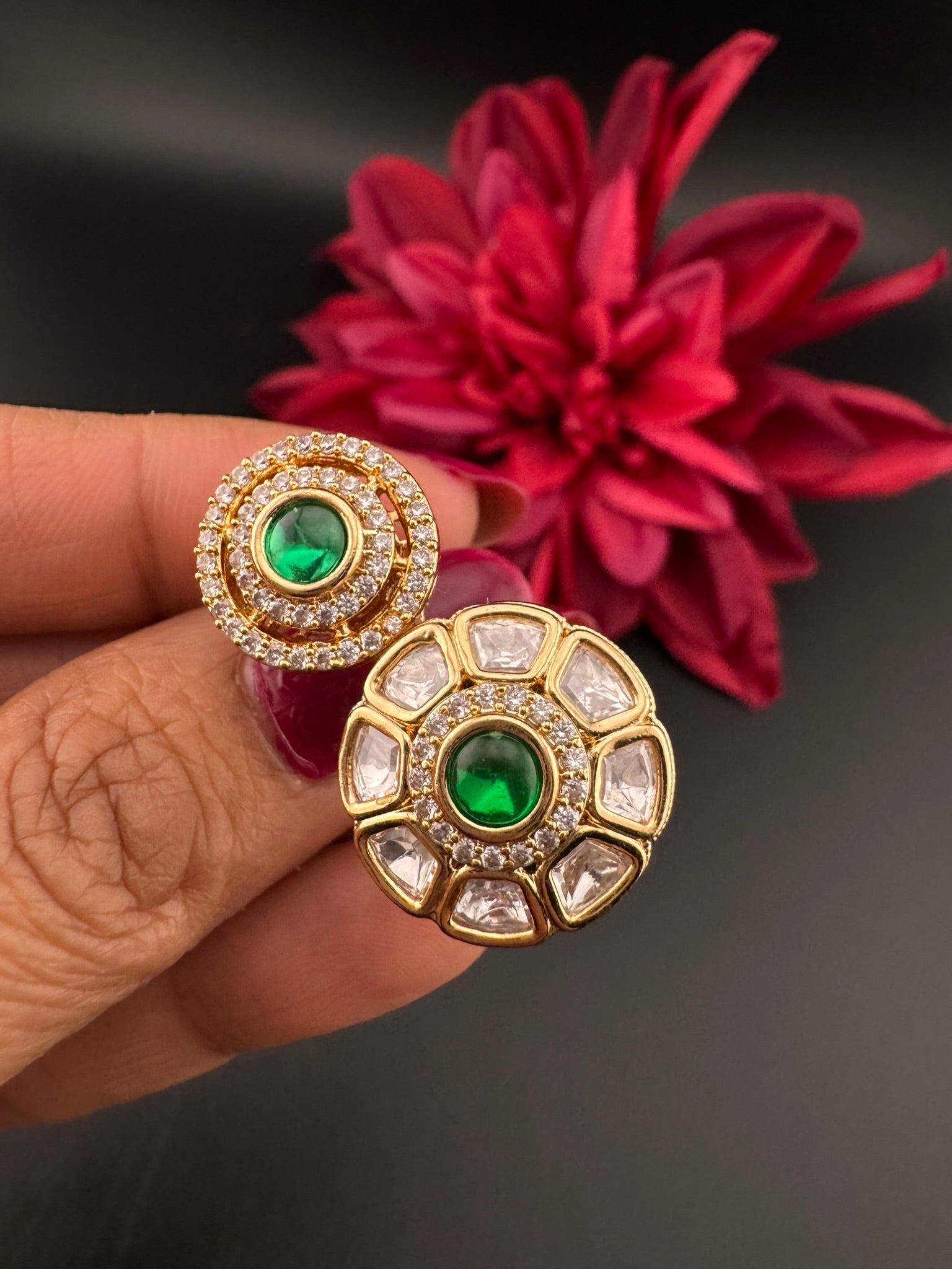 Premium 2 Finger Ring in Moissanite kundan and CZ Adjustable Finger Ring, One size fits all