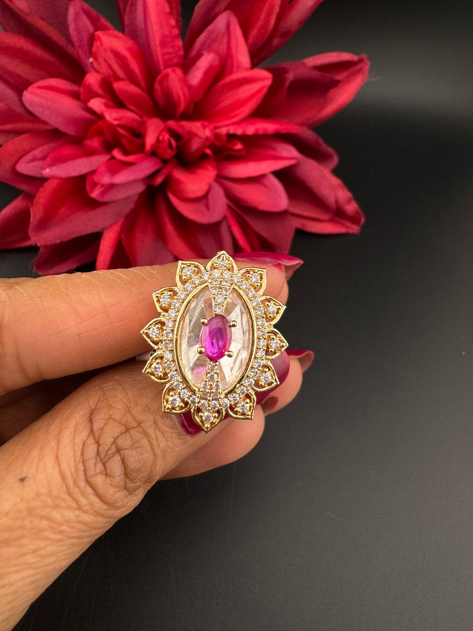 Premium Ring Uncut Moissanite Kundan and CZ is Tyaani inspired Adjustable Finger Ring