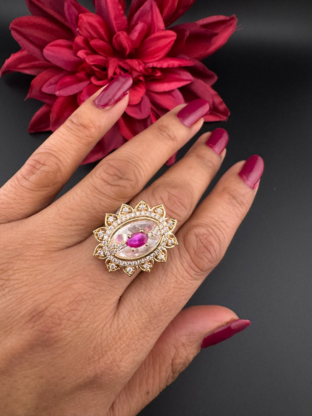 Premium Ring Uncut Moissanite Kundan and CZ is Tyaani inspired Adjustable Finger Ring