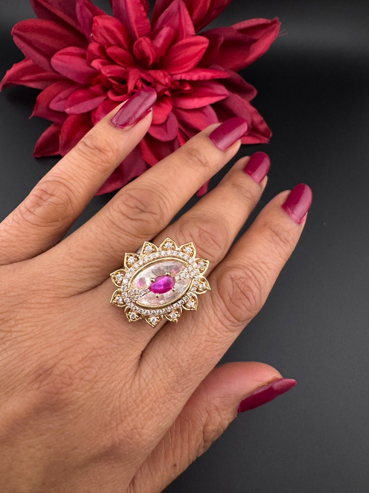 Premium Ring Uncut Moissanite Kundan and CZ is Tyaani inspired Adjustable Finger Ring