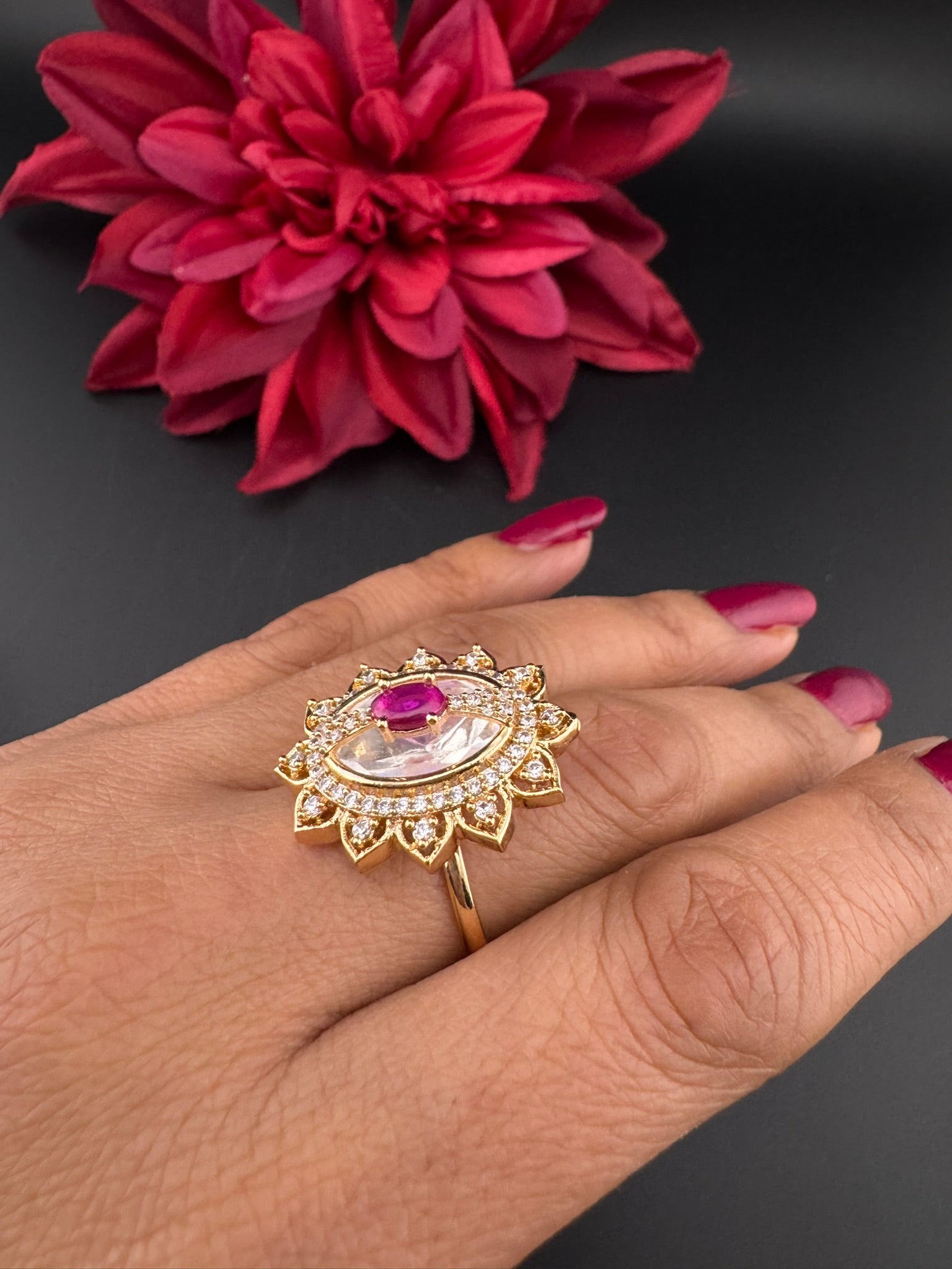 Premium Ring Uncut Moissanite Kundan and CZ is Tyaani inspired Adjustable Finger Ring