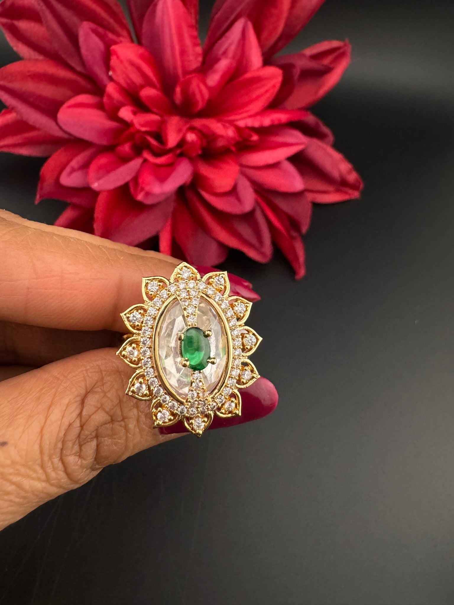 Premium Ring Uncut Moissanite Kundan and CZ is Tyaani inspired Adjustable Finger Ring