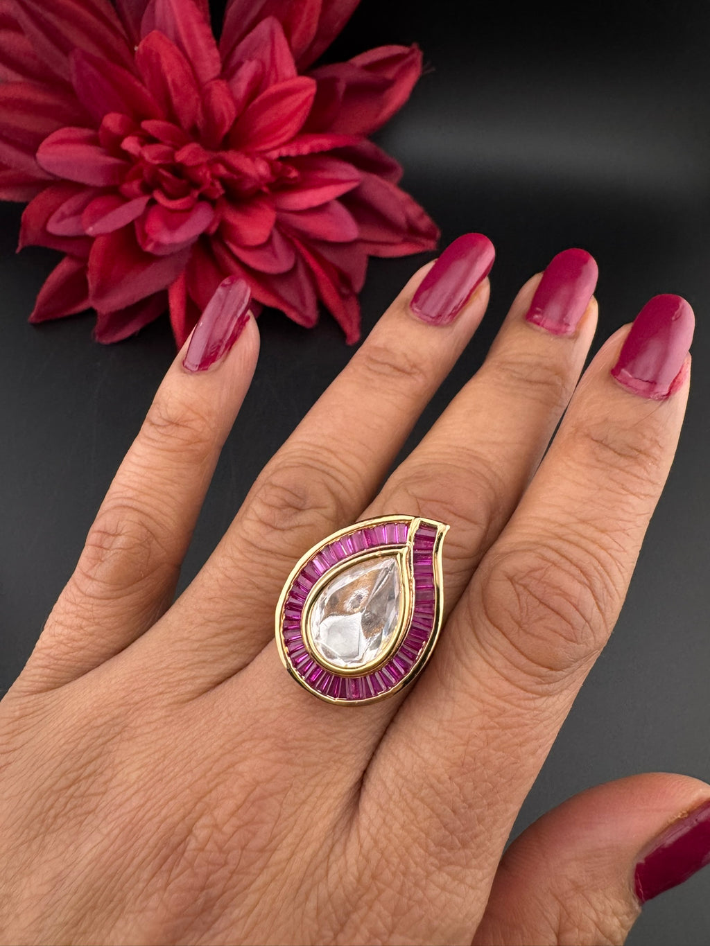 Premium Quality Ring Moissanite Kundan and CZ is Tyaani inspired Adjustable Finger Ring