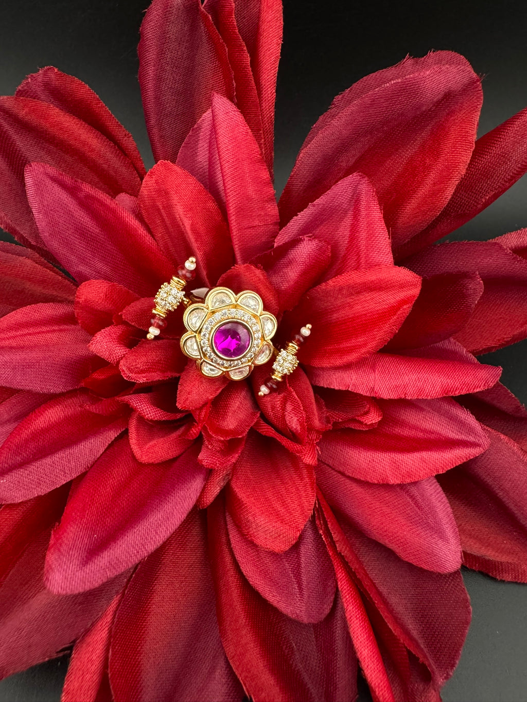 Premium 2 Finger Ring in Moissanite kundan and CZ Adjustable Finger Ring