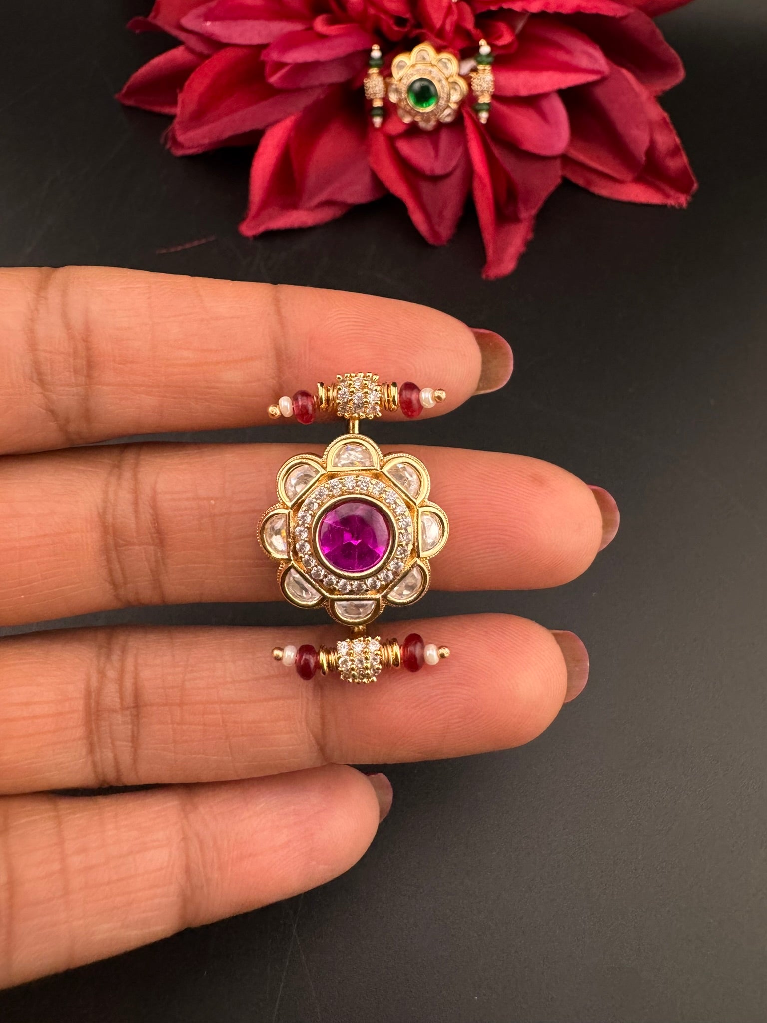 Premium 2 Finger Ring in Moissanite kundan and CZ Adjustable Finger Ring