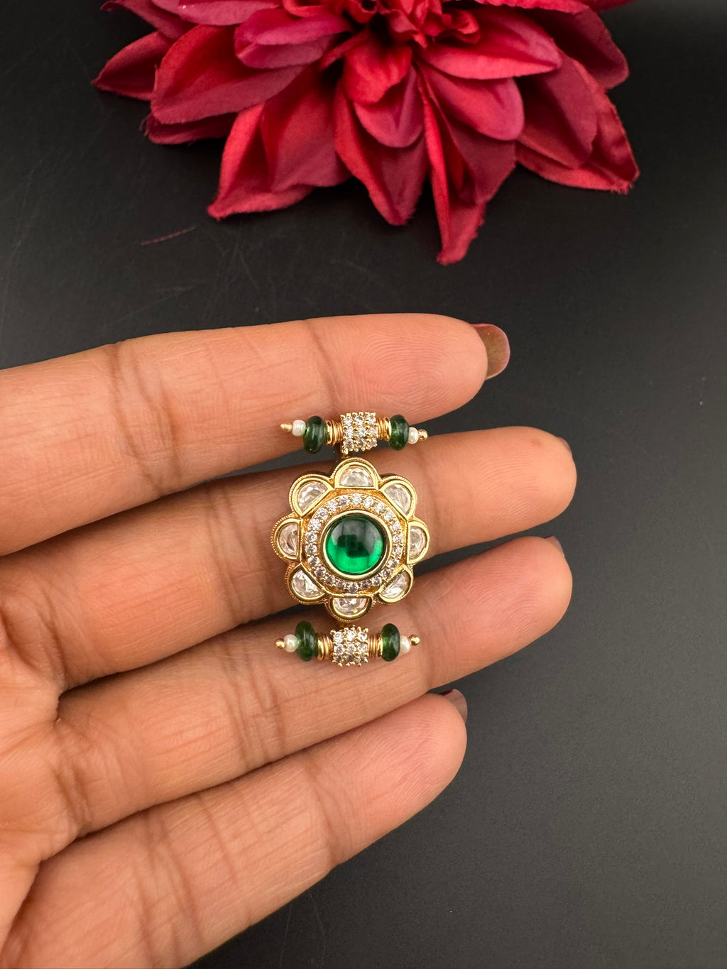 Premium 2 Finger Ring in Moissanite kundan and CZ Adjustable Finger Ring