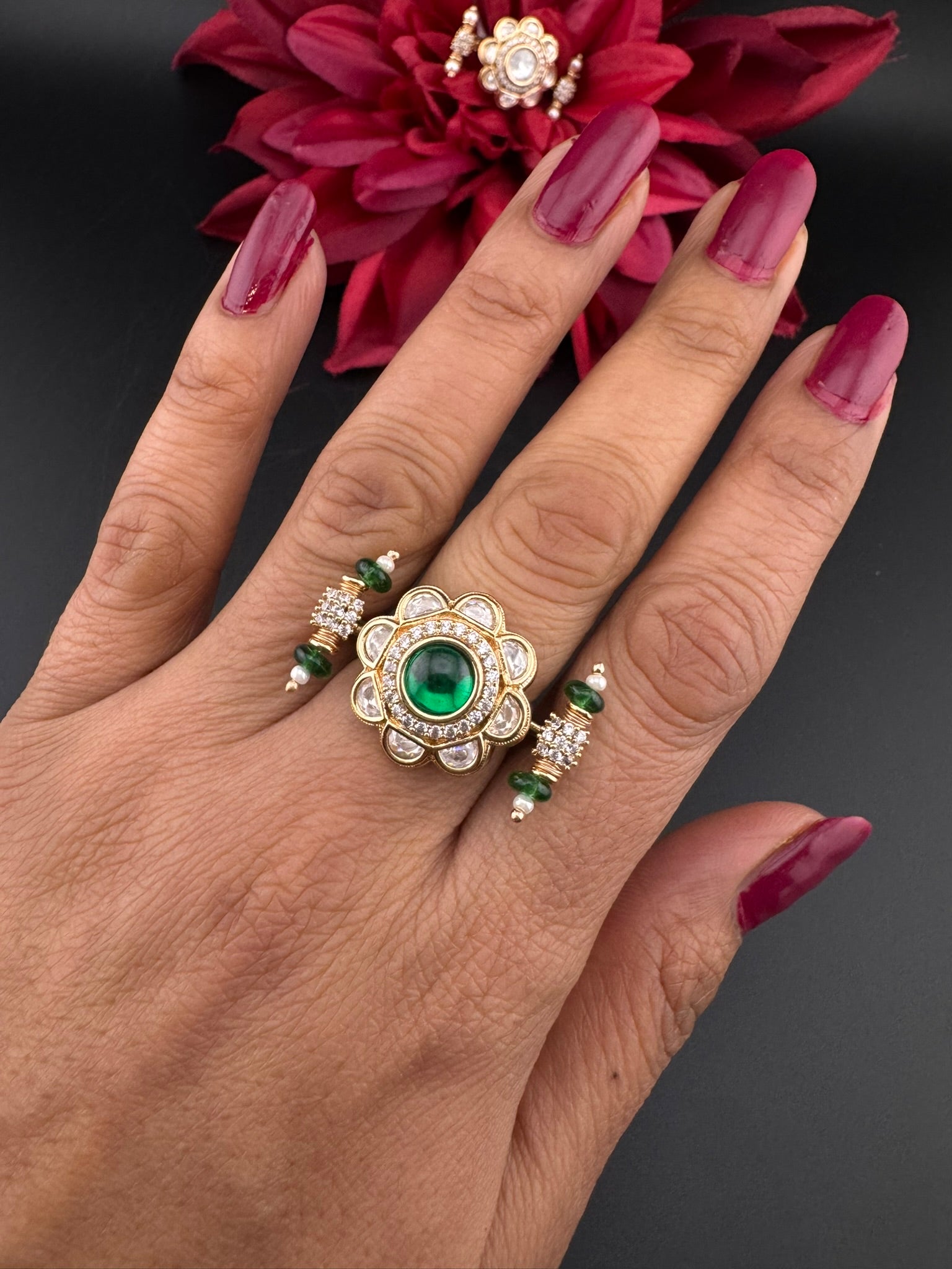 Premium 2 Finger Ring in Moissanite kundan and CZ Adjustable Finger Ring