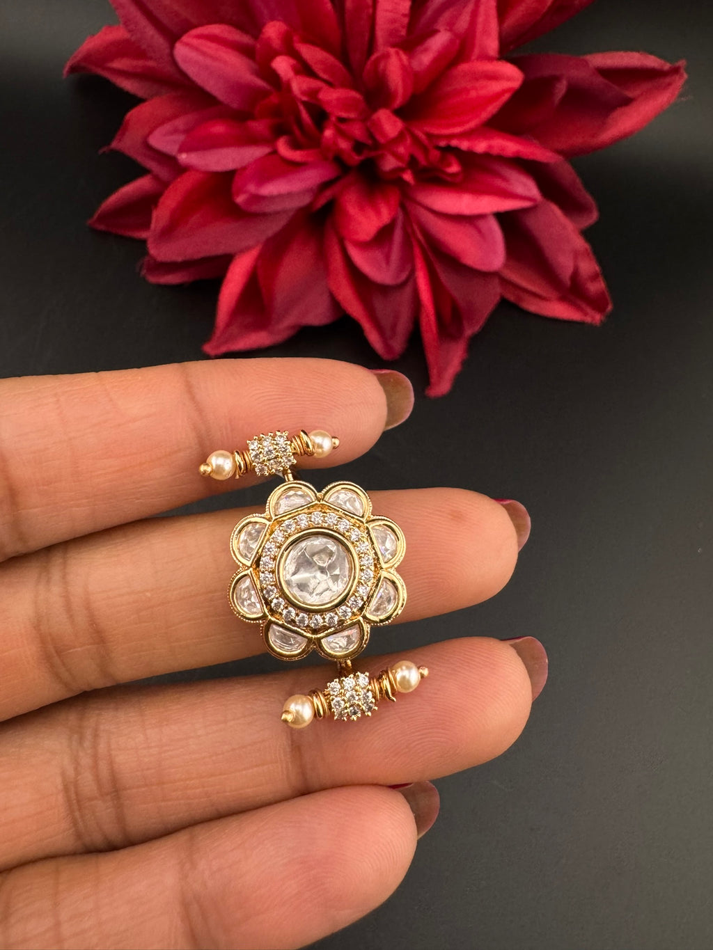Premium 2 Finger Ring in Moissanite kundan and CZ Adjustable Finger Ring