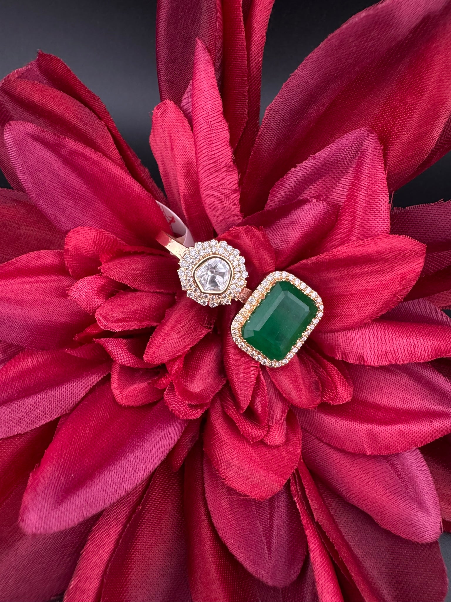 Premium 2 Finger Ring in Moissanite kundan, doublet Stone and CZ Adjustable Finger Ring