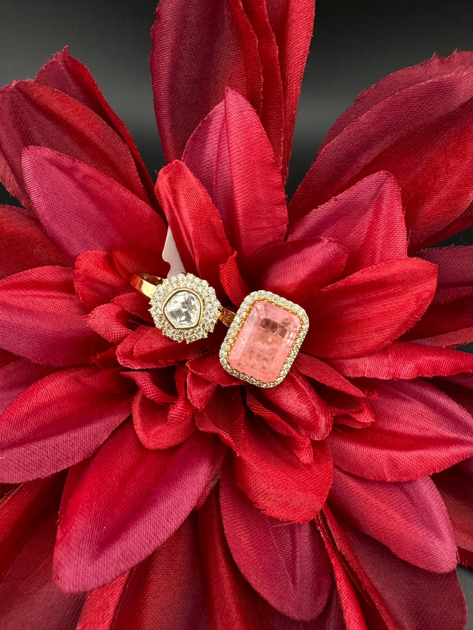 Premium 2 Finger Ring in Moissanite kundan, doublet Stone and CZ Adjustable Finger Ring