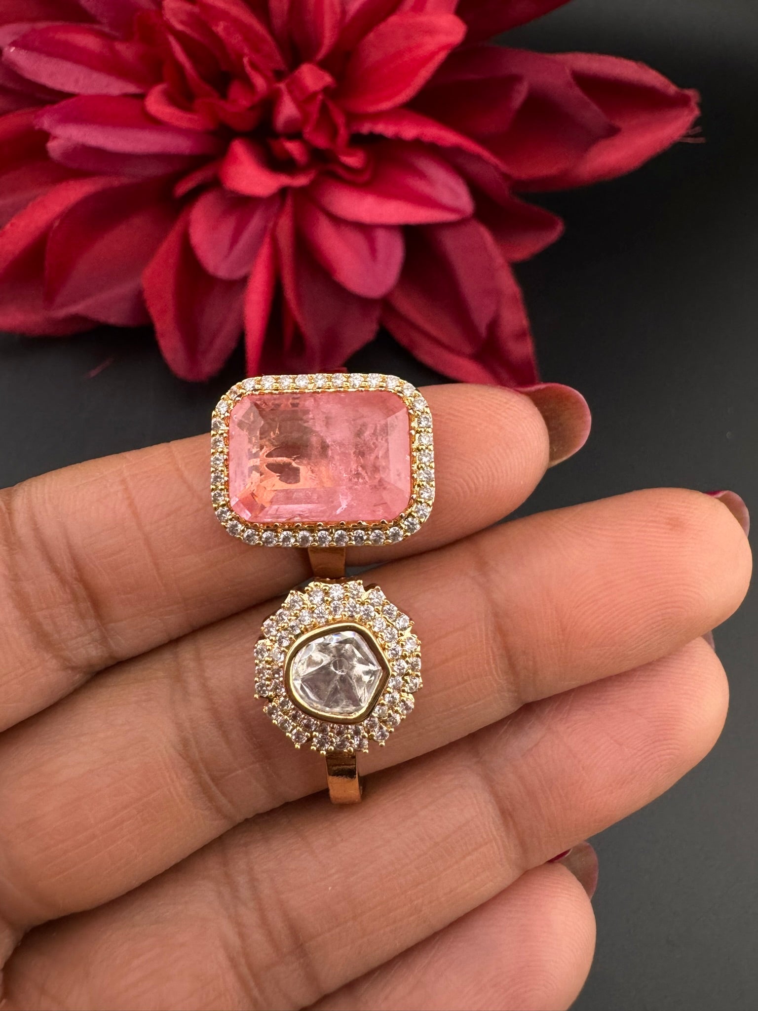 Premium 2 Finger Ring in Moissanite kundan, doublet Stone and CZ Adjustable Finger Ring