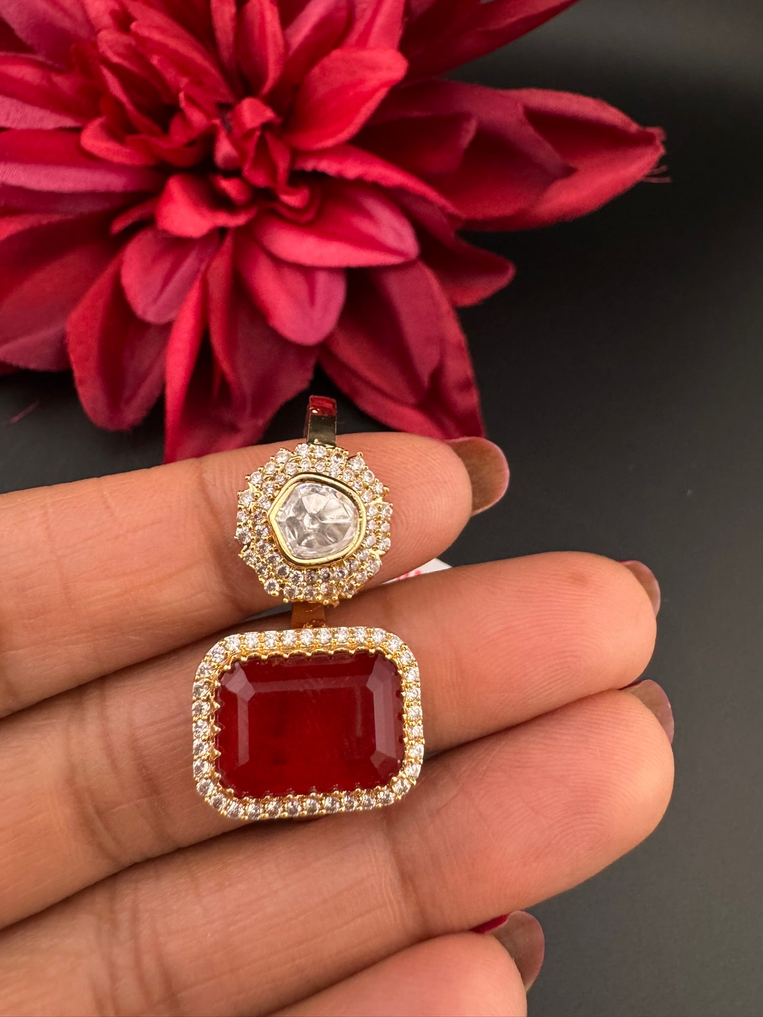 Premium 2 Finger Ring in Moissanite kundan, doublet Stone and CZ Adjustable Finger Ring