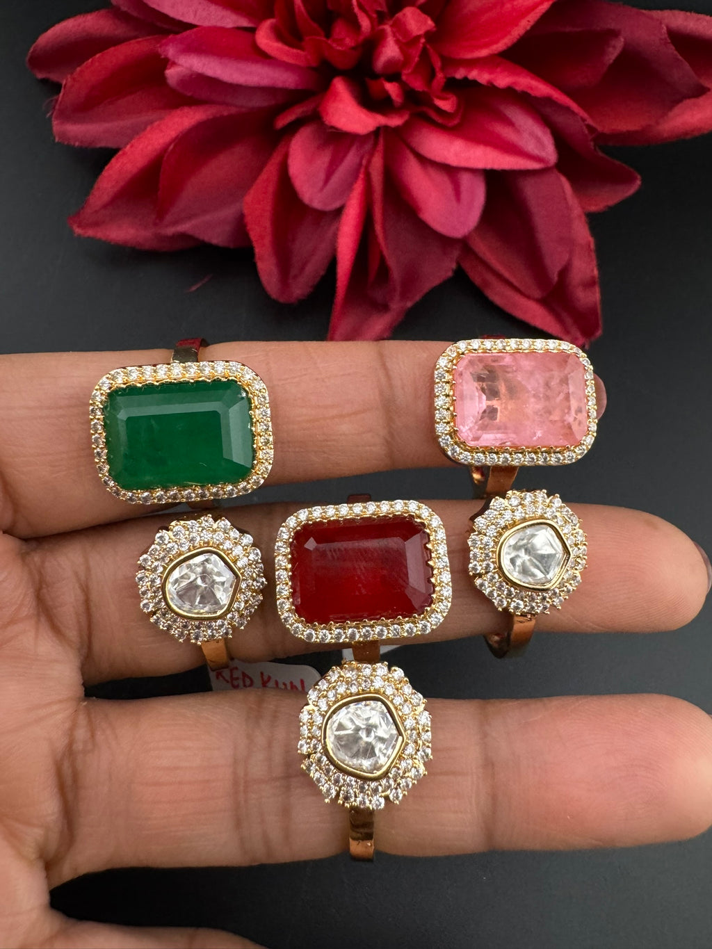 Premium 2 Finger Ring in Moissanite kundan, doublet Stone and CZ Adjustable Finger Ring
