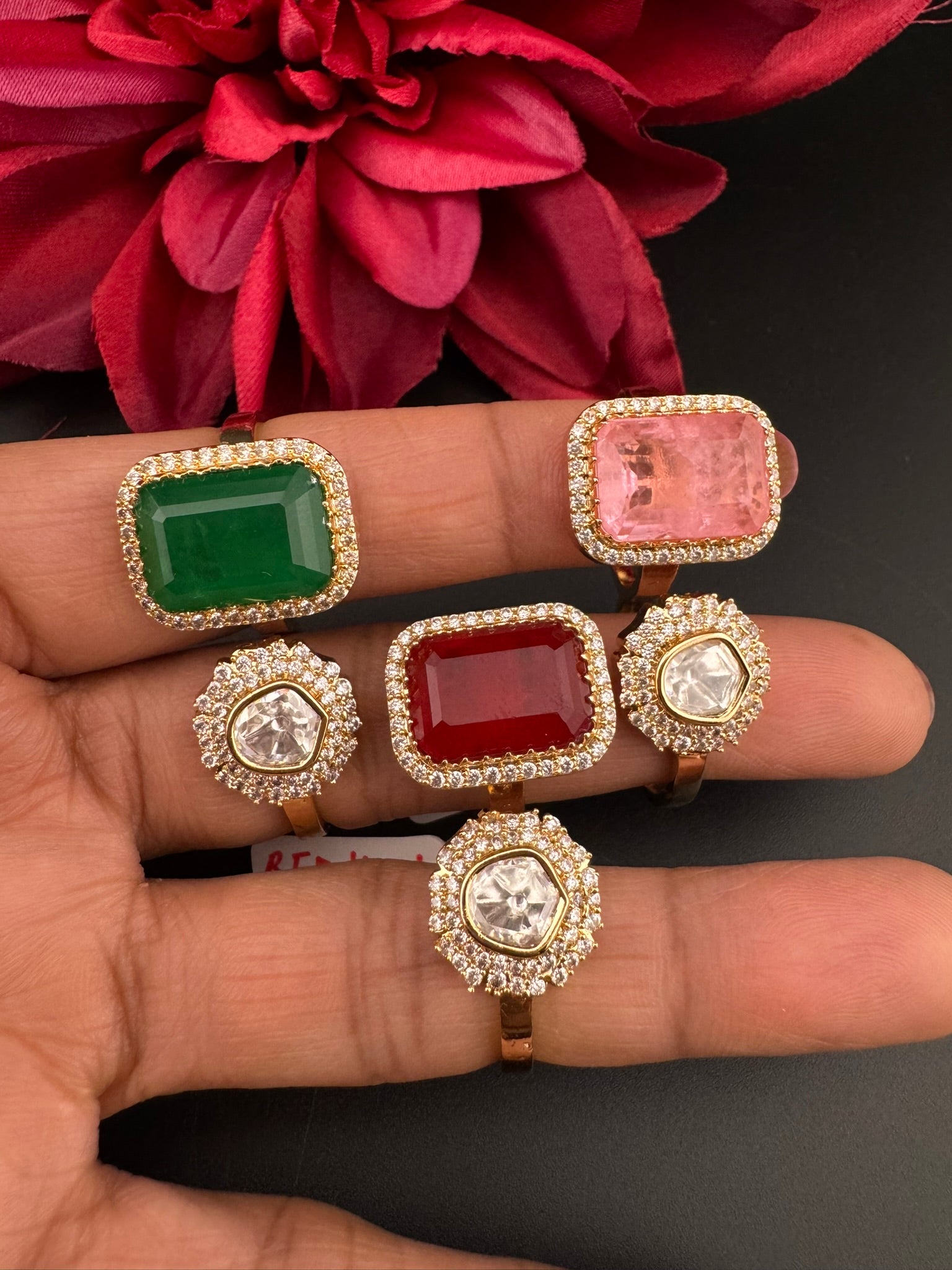 Premium 2 Finger Ring in Moissanite kundan, doublet Stone and CZ Adjustable Finger Ring