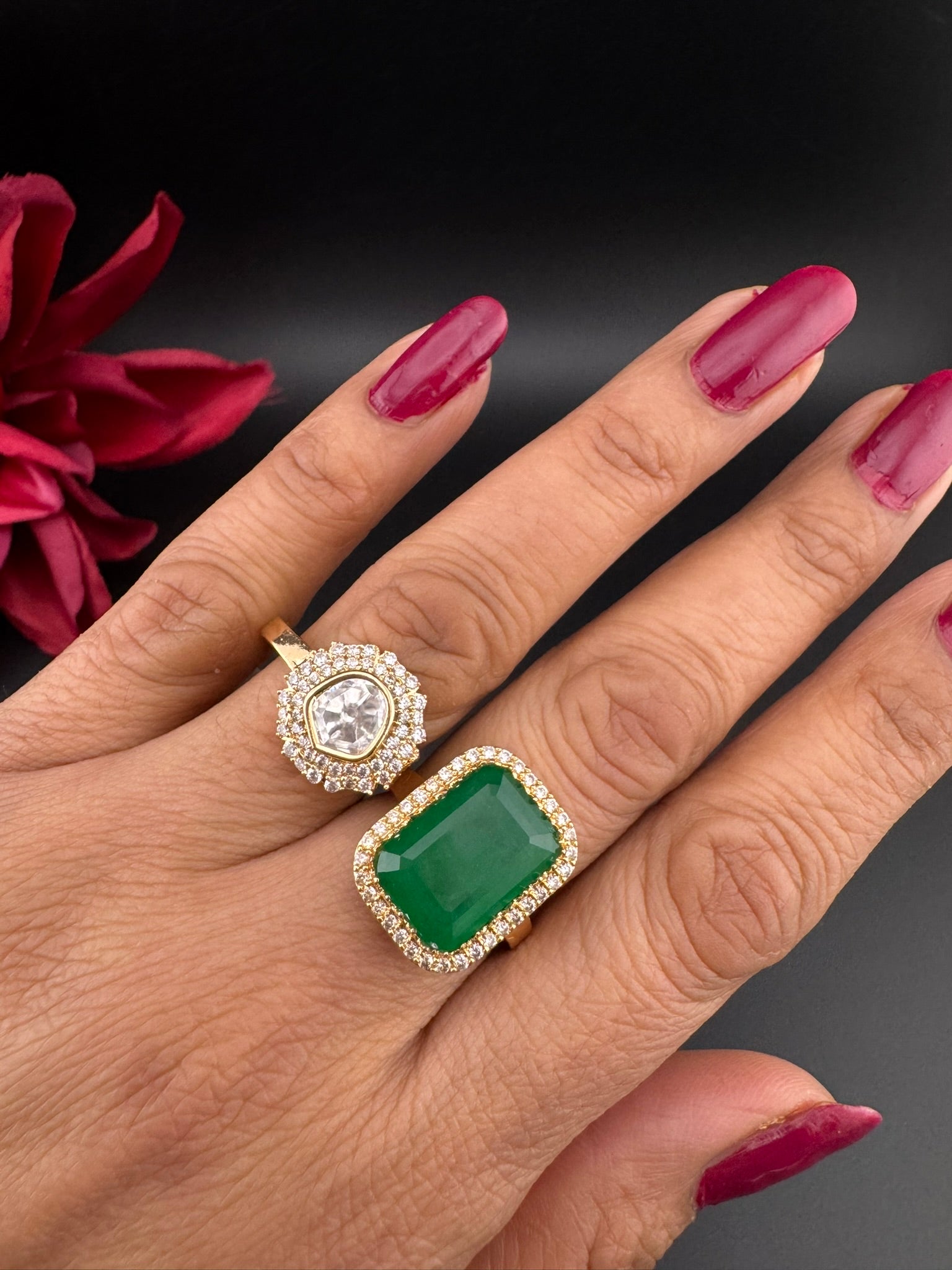 Premium 2 Finger Ring in Moissanite kundan, doublet Stone and CZ Adjustable Finger Ring