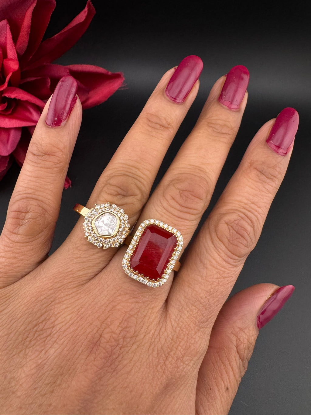 Premium 2 Finger Ring in Moissanite kundan, doublet Stone and CZ Adjustable Finger Ring