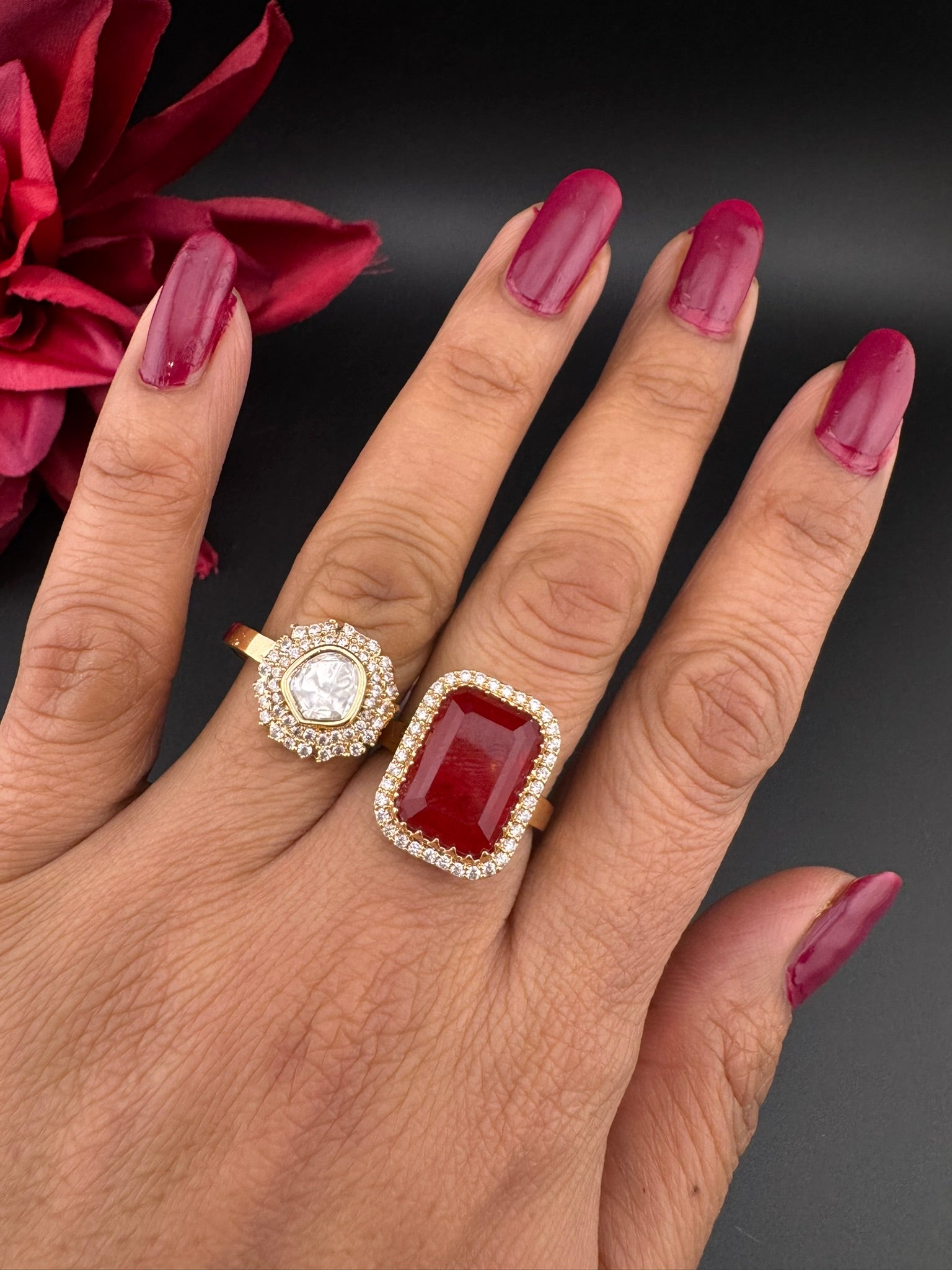 Premium 2 Finger Ring in Moissanite kundan, doublet Stone and CZ Adjustable Finger Ring