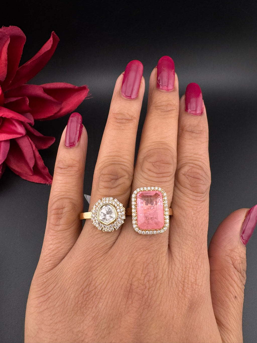 Premium 2 Finger Ring in Moissanite kundan, doublet Stone and CZ Adjustable Finger Ring