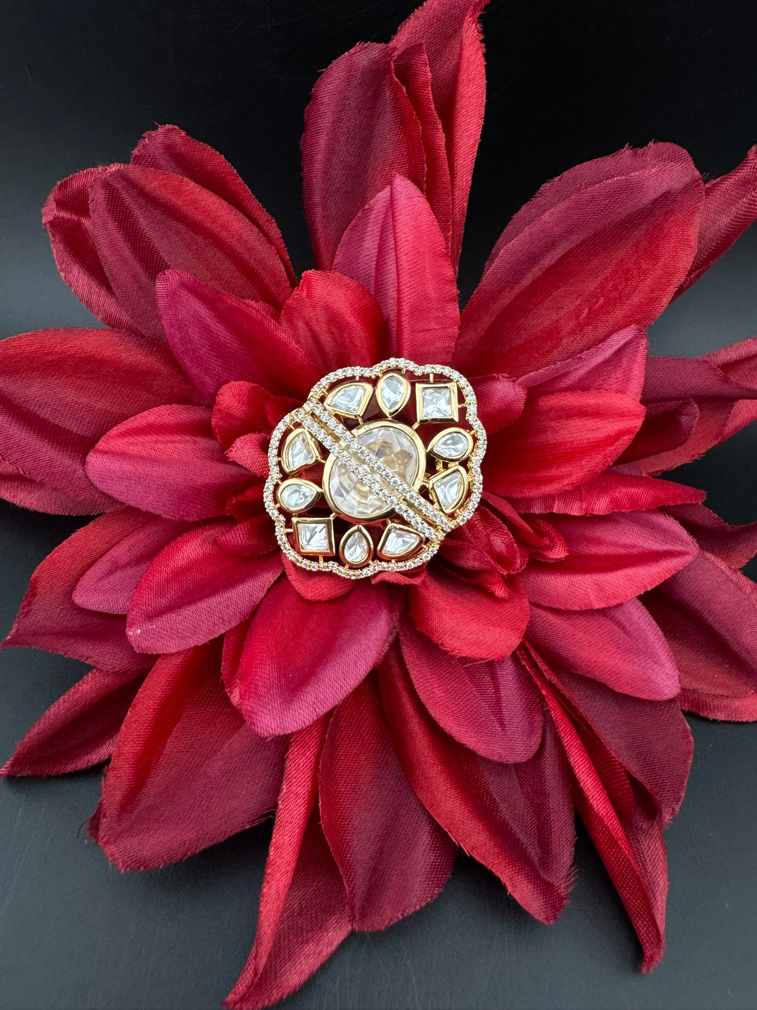 Premium Quality Big Ring Moissanite Kundan is Tyaani inspired Adjustable Finger Ring