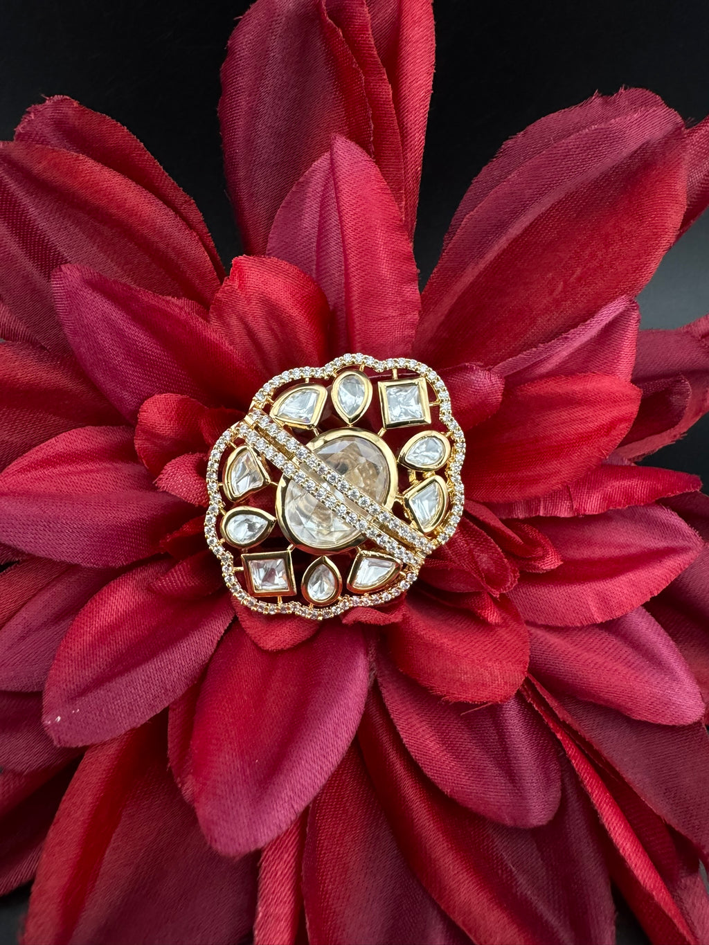 Premium Quality Big Ring Moissanite Kundan is Tyaani inspired Adjustable Finger Ring