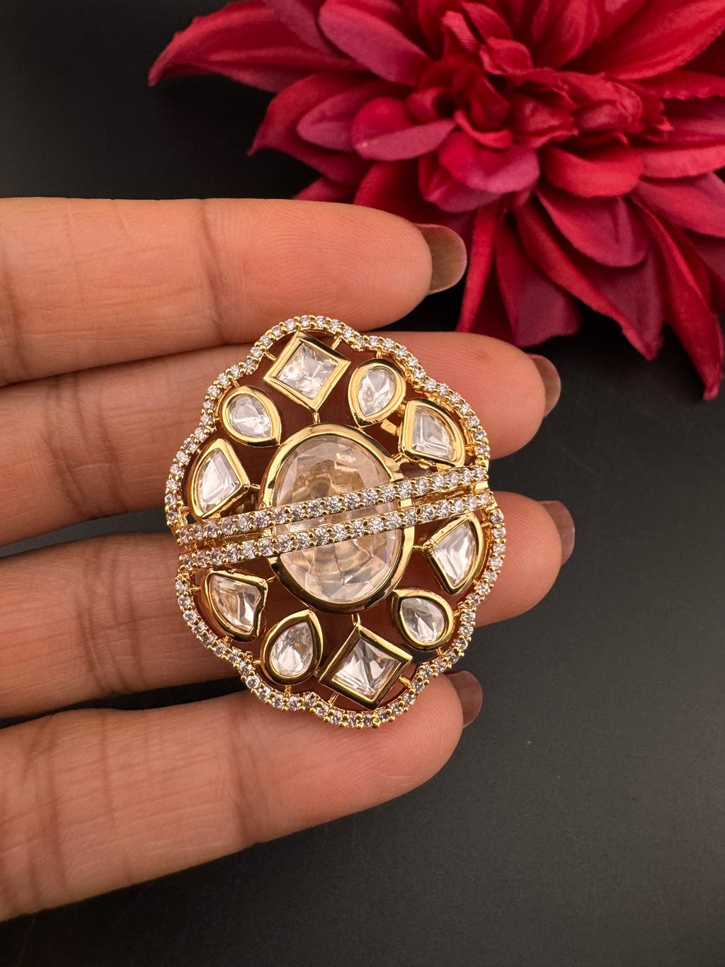 Premium Quality Big Ring Moissanite Kundan is Tyaani inspired Adjustable Finger Ring