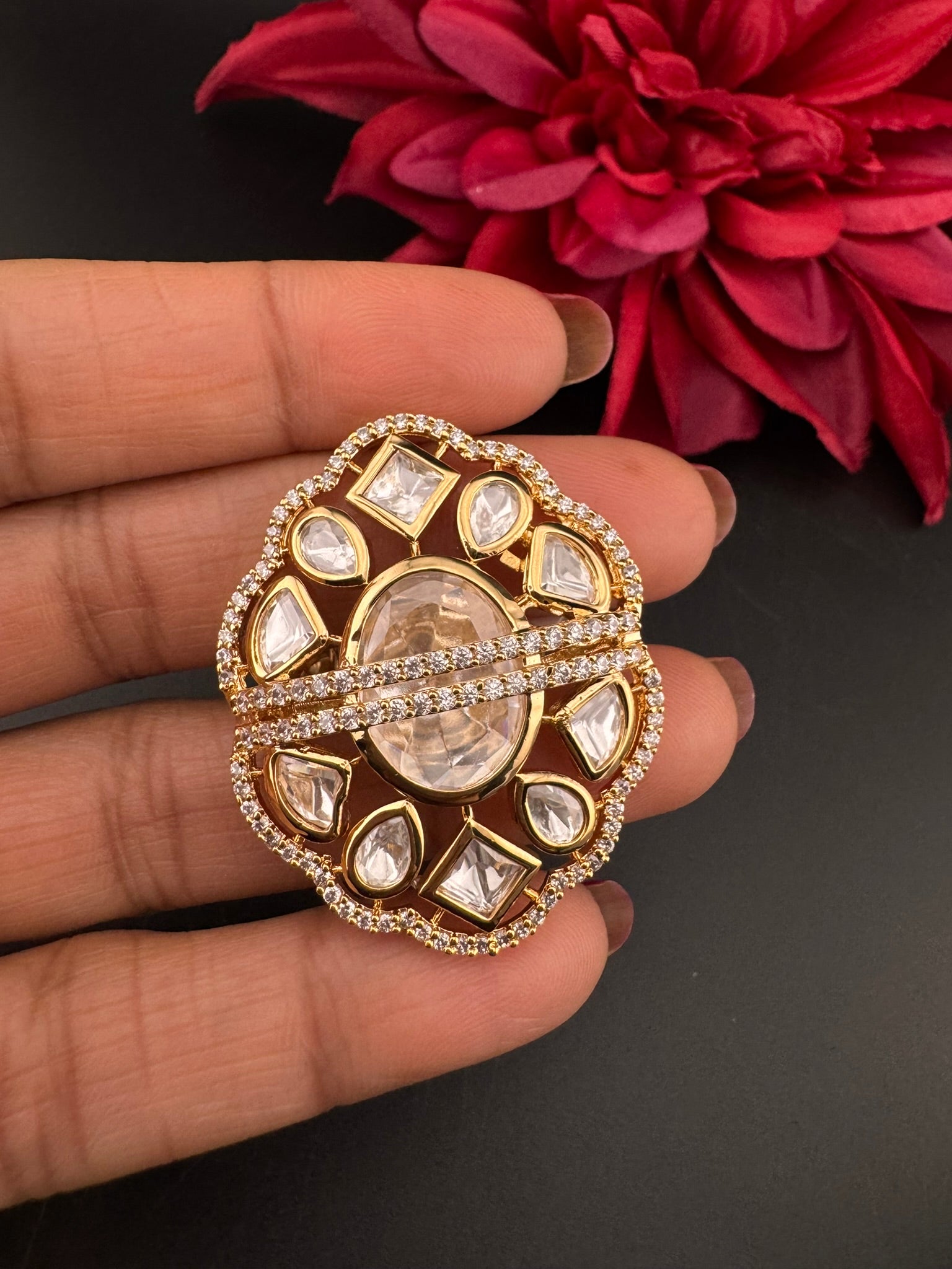 Premium Quality Big Ring Moissanite Kundan is Tyaani inspired Adjustable Finger Ring