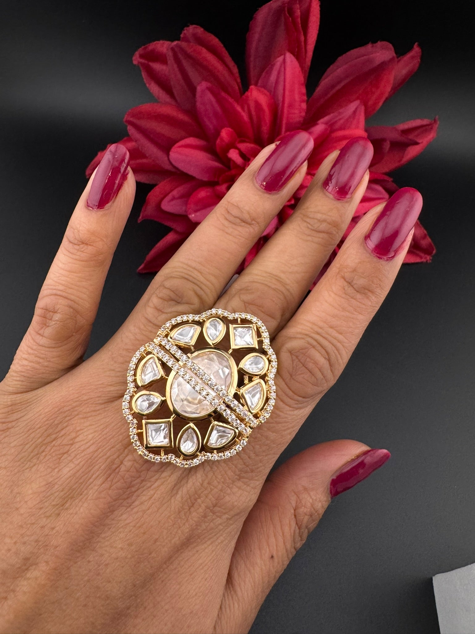 Premium Quality Big Ring Moissanite Kundan is Tyaani inspired Adjustable Finger Ring