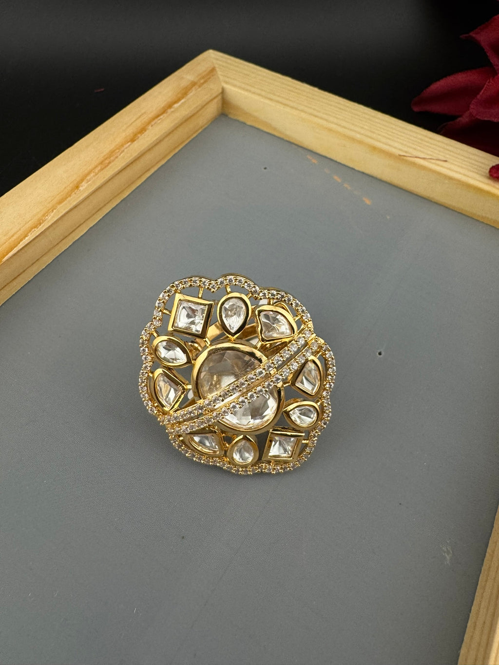 Premium Quality Big Ring Moissanite Kundan is Tyaani inspired Adjustable Finger Ring