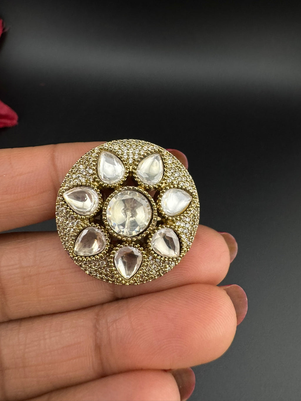 Premium Quality Big Ring Moissanite Kundan is Tyaani inspired Adjustable Finger Ring