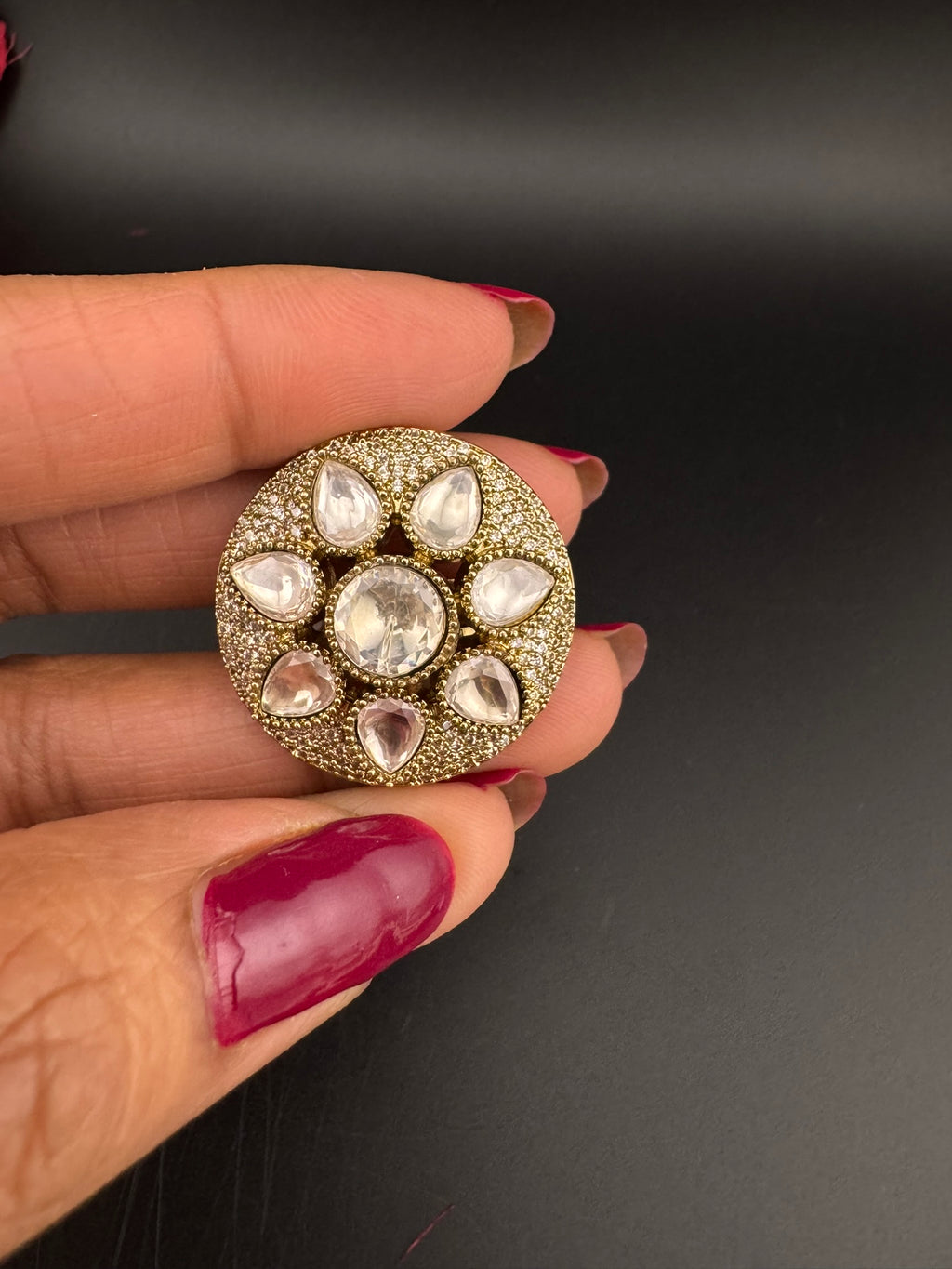 Premium Quality Big Ring Moissanite Kundan is Tyaani inspired Adjustable Finger Ring