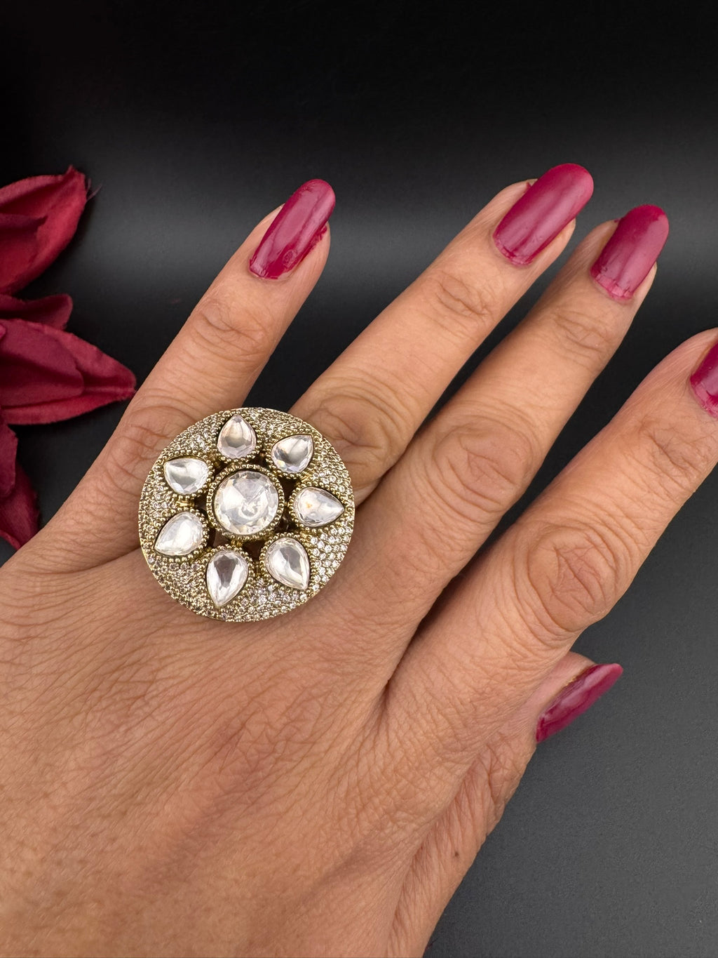 Premium Quality Big Ring Moissanite Kundan is Tyaani inspired Adjustable Finger Ring