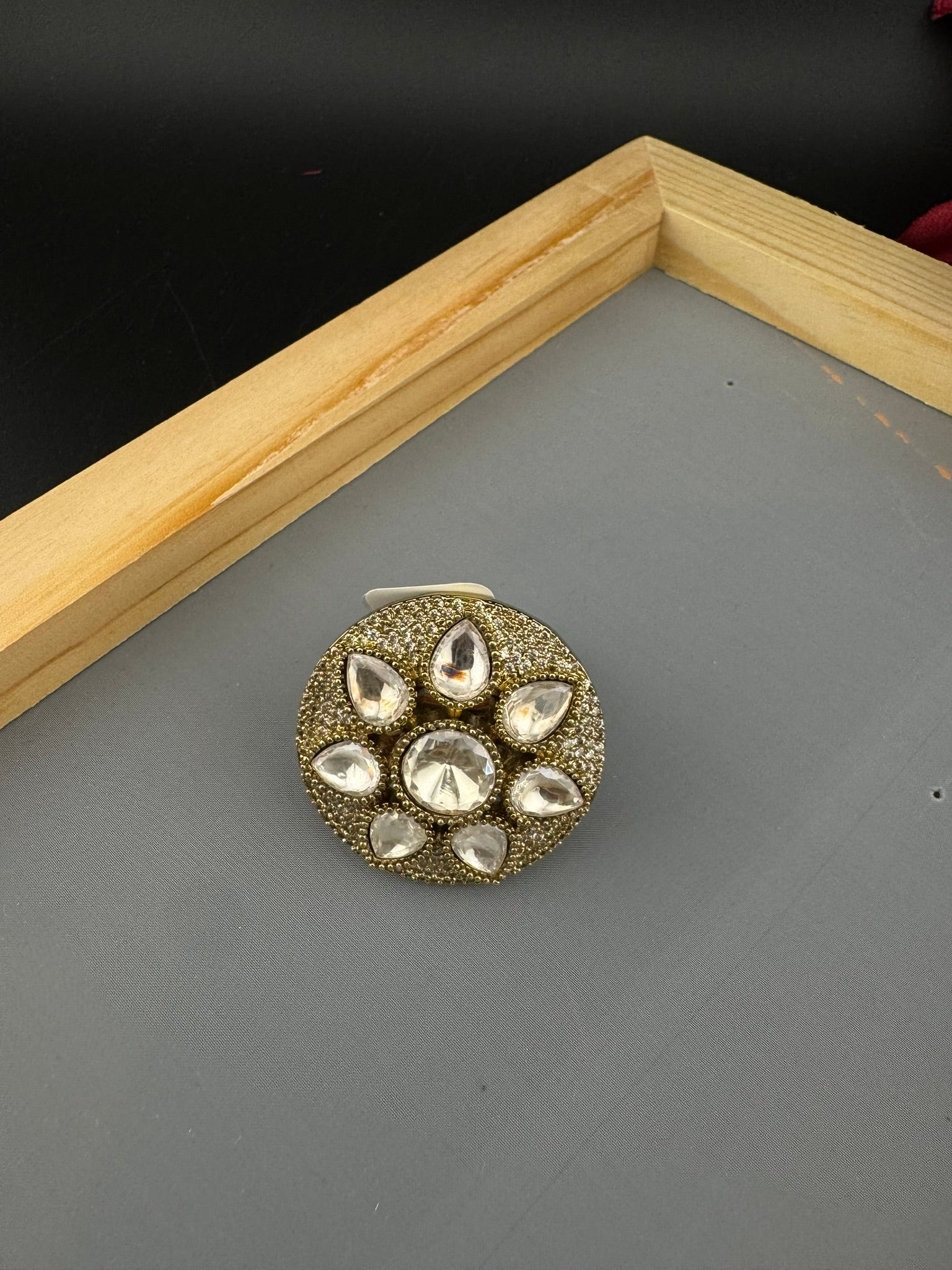 Premium Quality Big Ring Moissanite Kundan is Tyaani inspired Adjustable Finger Ring